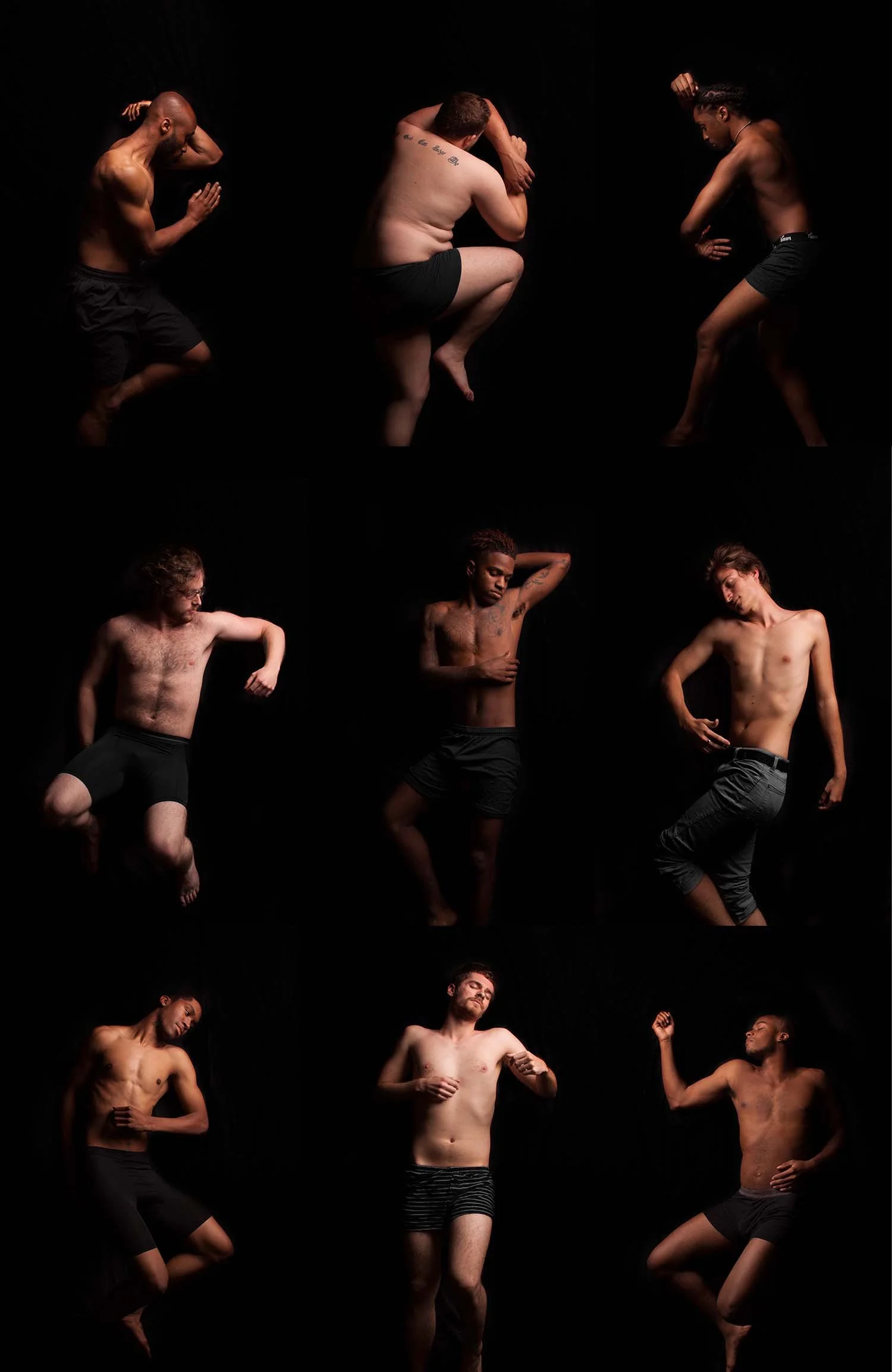 Nine shirtless men posed as though they are holding someone who is missing from the scene.