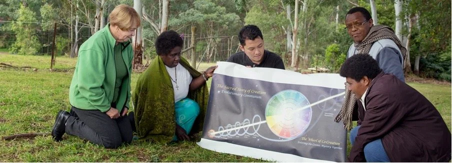 Group of people outdoors examining a large poster about creation and evolution, with a colorful diagram and DNA strand.