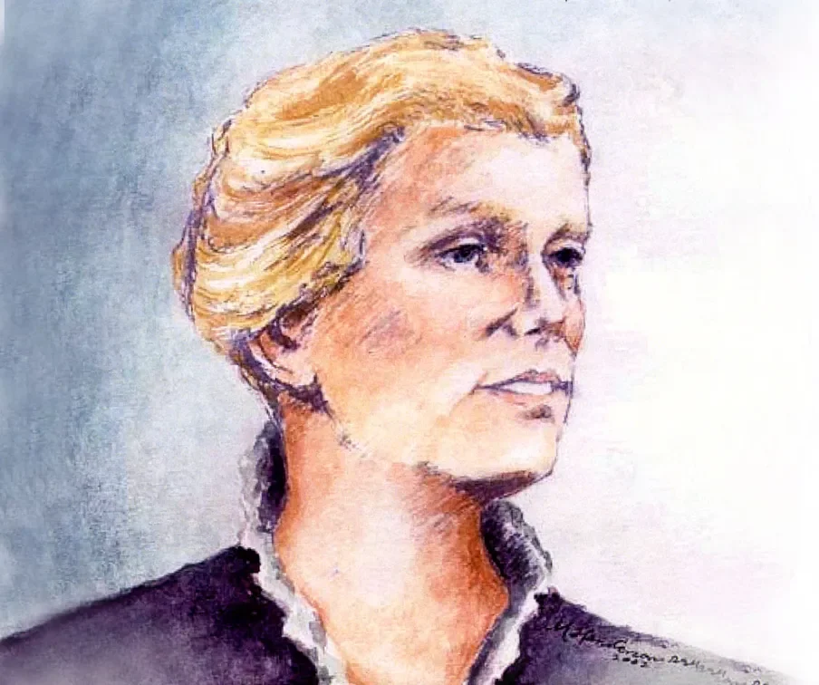 A watercolor portrait of a woman with short blonde hair, neutral expression, wearing a dark top, facing slightly to the right.
