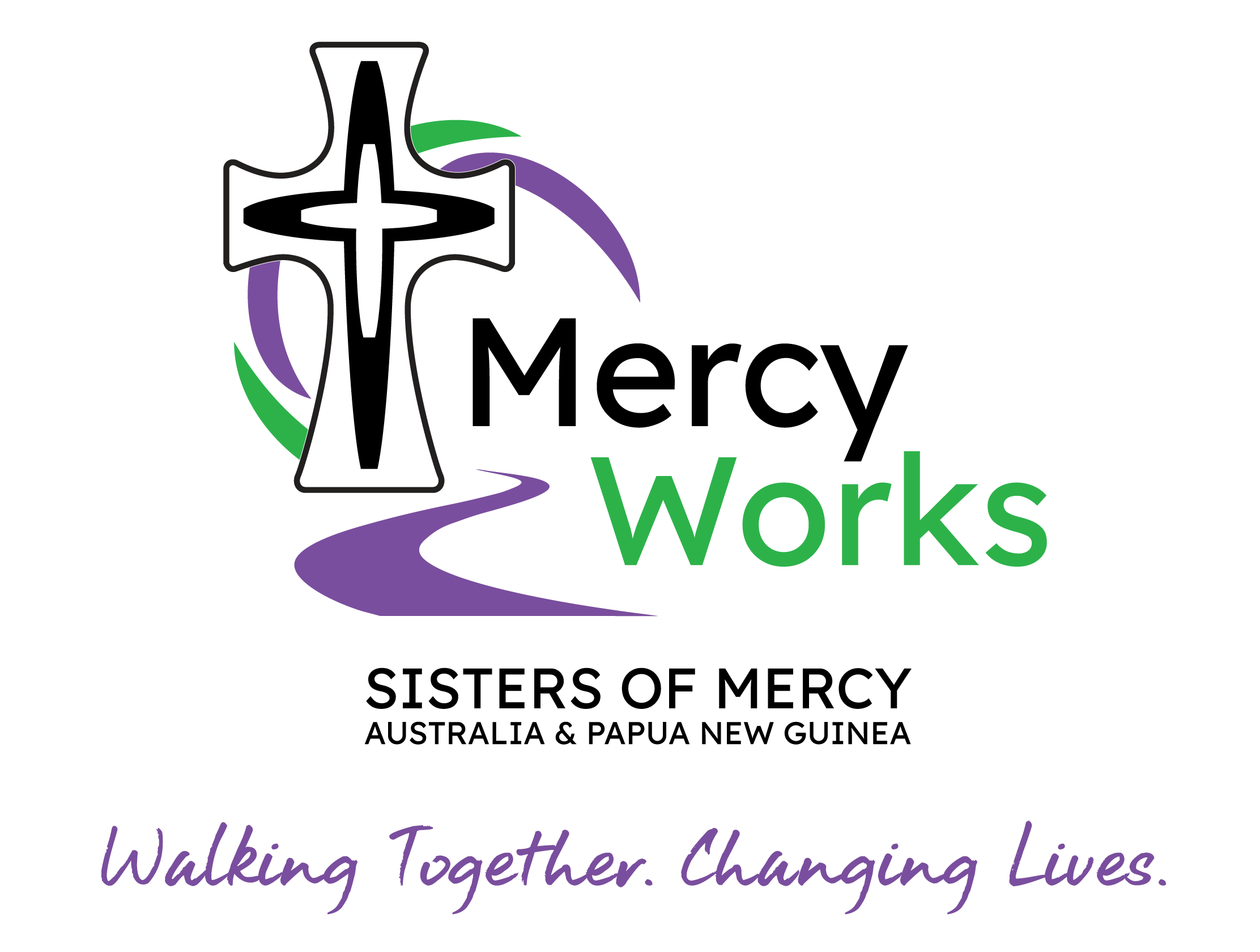 Logo for CWF Works featuring a stylized cross, a winding road, and the tagline 'Walking Together. Changing Lives.'