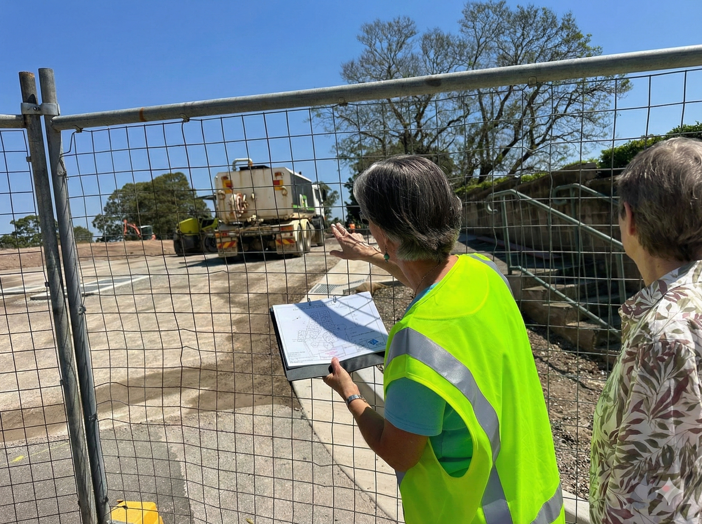 Two women at a construction site, one in a yellow safety vest holding a clipboard with plans, the other in a blouse, standing behind a metal fence watching construction vehicles and equipment in the background.
