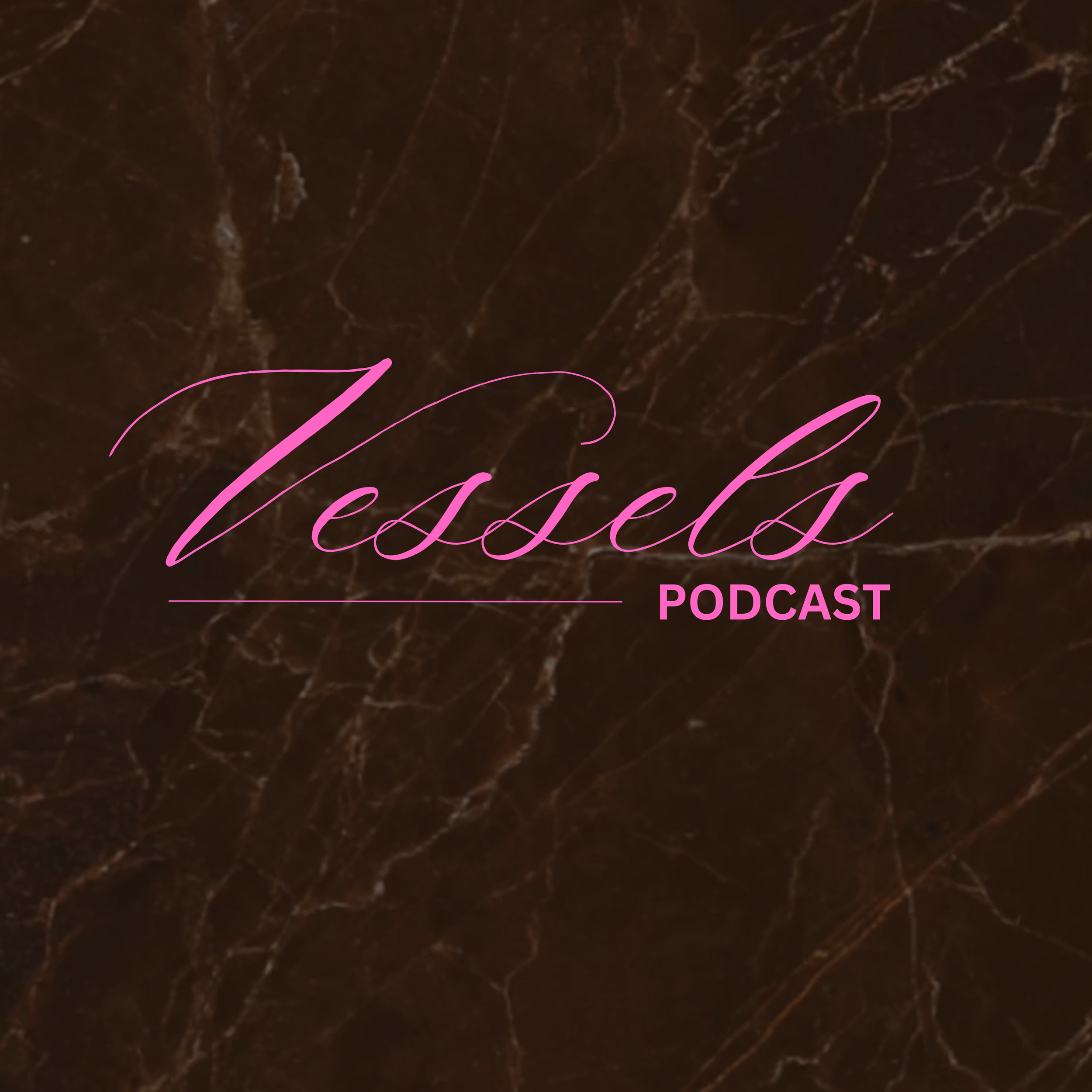 The image features the text 'Tessels PODCAST' written in pink cursive and bold fonts, over a dark brown marble background with lighter brown and white veins.