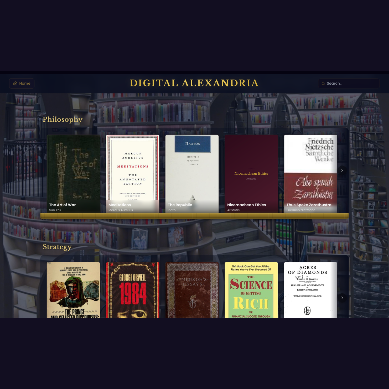 Digital Alexandria website homepage with sections for Philosophy and Strategy, showcasing book covers of various philosophical texts and strategy books, against a background of a library interior.