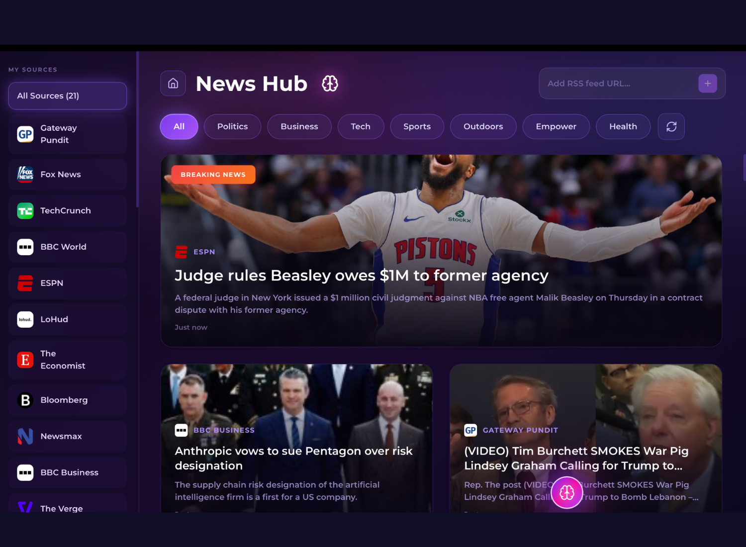 Screenshot of a news app homepage displaying various news categories and headlines, including sports, politics, and business, with a dark purple theme and a prominent sports story about a basketball player.