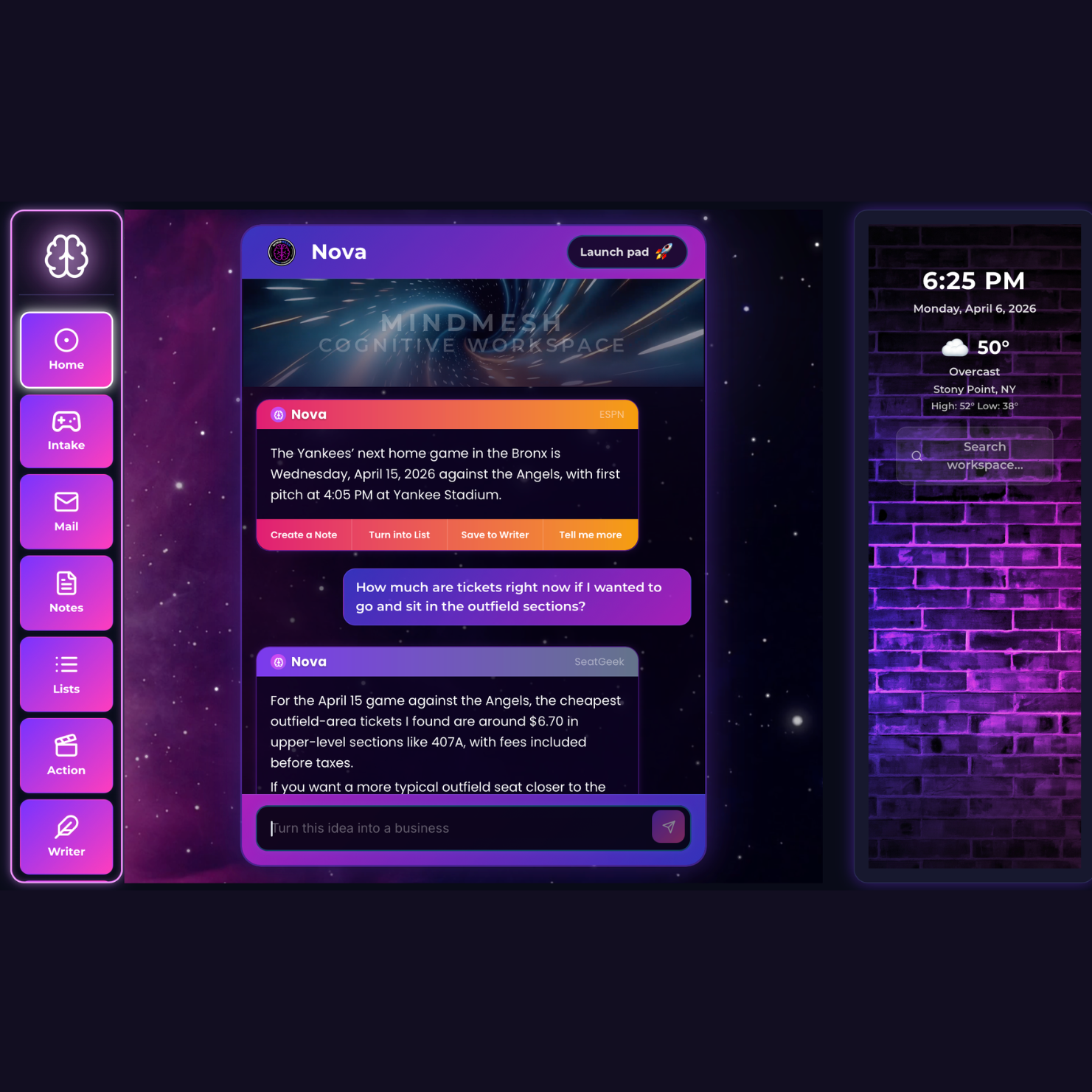 Digital dashboard interface for MindMesh with neon purple and blue accents, showing weather, date, and motivational sections.