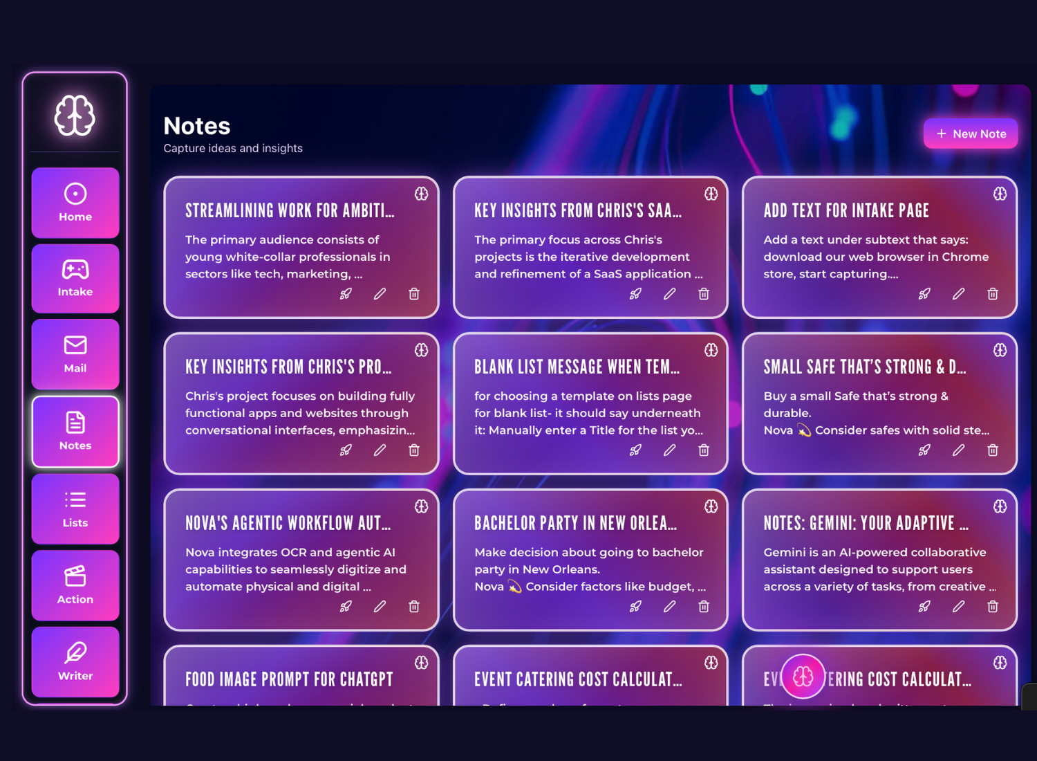 Screenshot of a colorful digital note-taking app with purple and pink neon accents. The main screen displays various notes with titles and brief descriptions. The left sidebar features icons labeled Home, Intake, Mail, Notes, Lists, Action, and Writer. A pink button labeled '+ New Note' is visible at the top right corner.