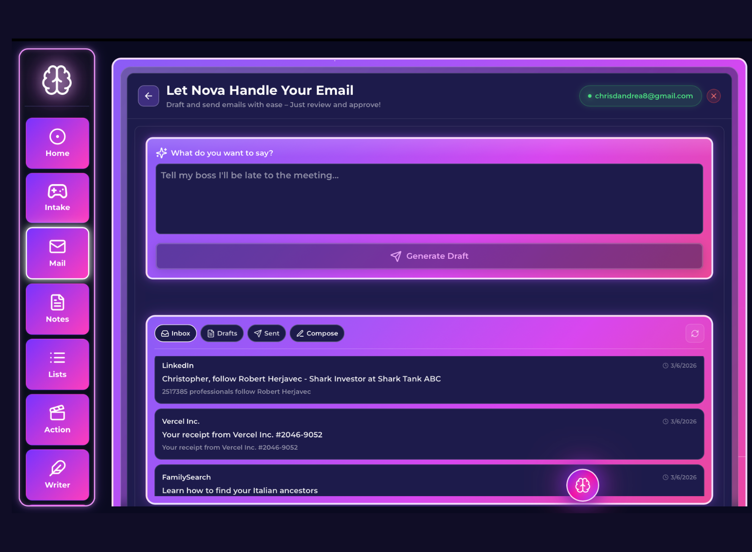Digital user interface for an email management app with a neon color theme, featuring a sidebar with icons for Home, Intake, Mail, Notes, Lists, Action, and Writer. The main section displays a draft email titled 'Let Nova Handle Your Email,' with a text box containing a message and a 'Generate Draft' button, along with inbox and messages sections showing LinkedIn, Vercel Inc., and FamilySearch entries.