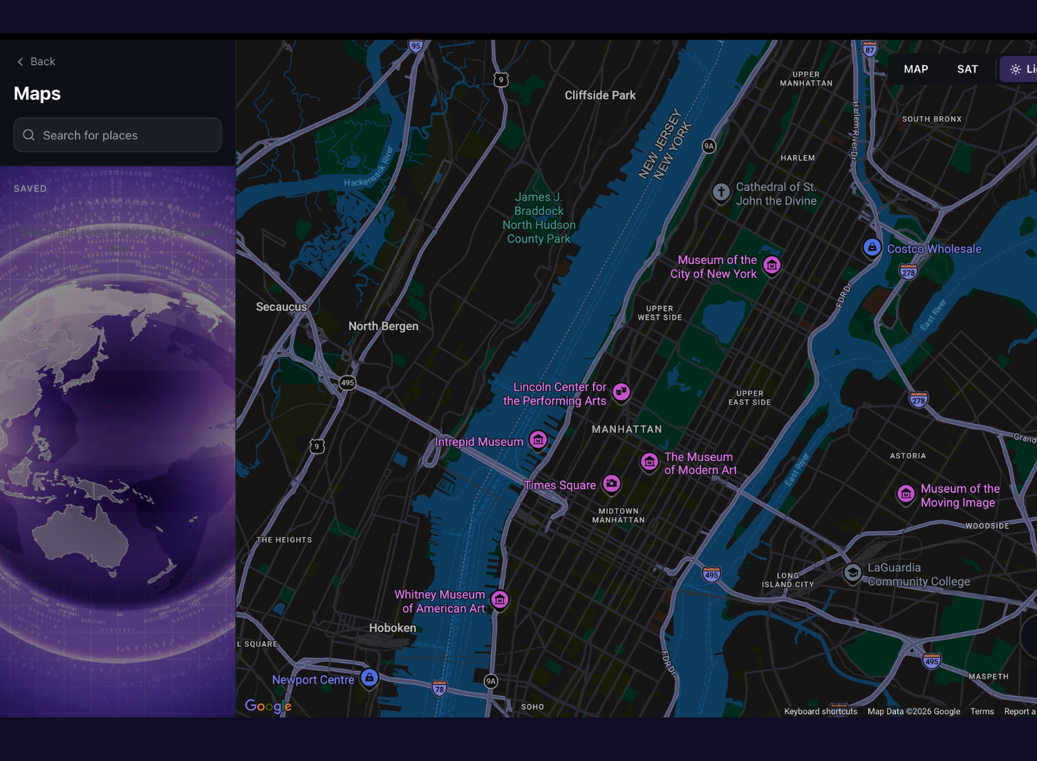 Map of Manhattan, New York City, showing landmarks such as the Museum of Modern Art, Lincoln Center for the Performing Arts, Times Square, and Whitney Museum of American Art.