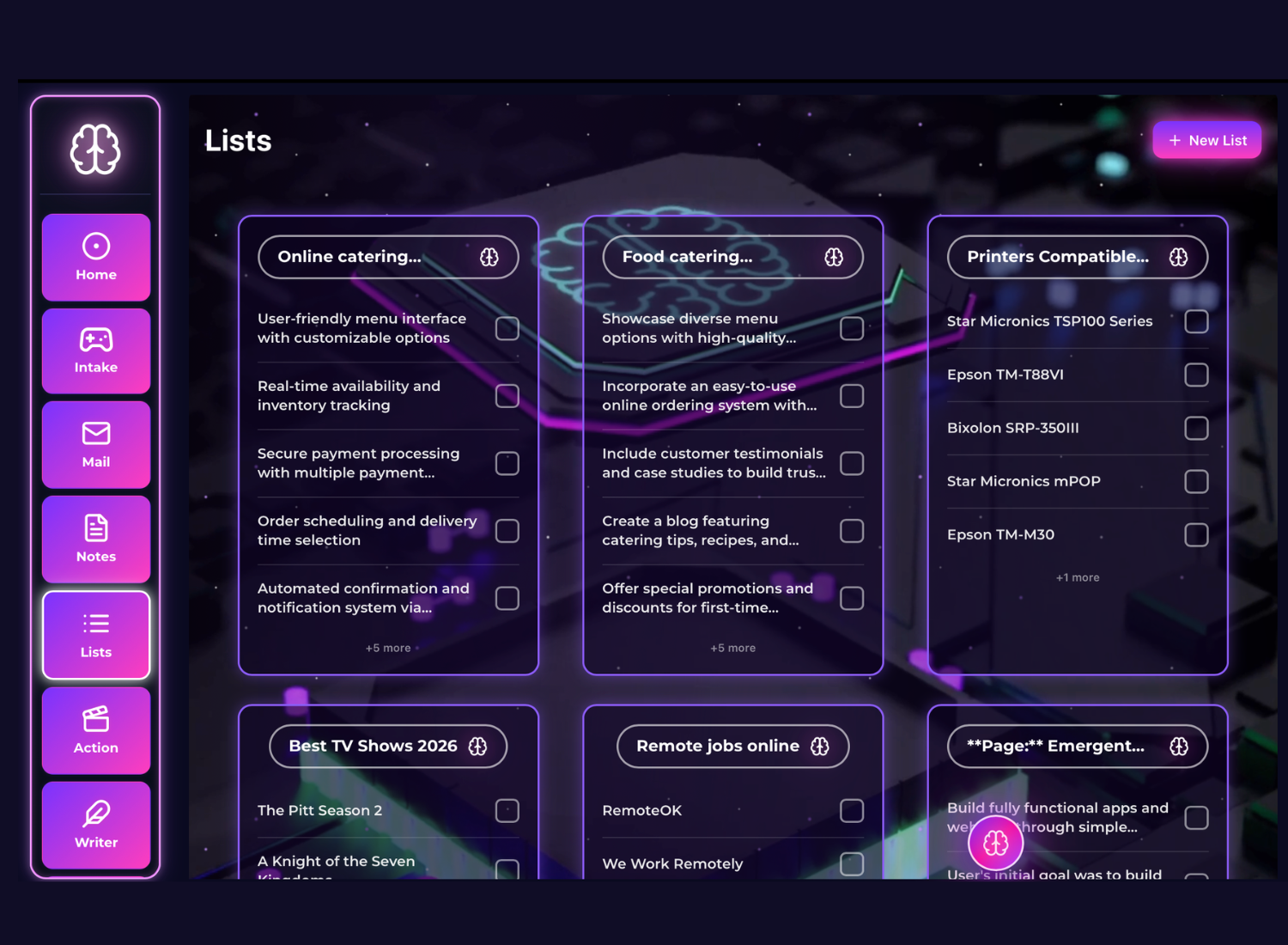 Digital interface of a list management application with purple neon accents on a dark background. The menu on the left has icons labeled Home, Intake, Mail, Notes, Lists, Action, and Writer. The main section shows multiple lists titled Online catering, Food catering, Printers Compatible, Best TV Shows 2026, Remote jobs online, and a partially visible list with a title starting with ***Page:*** Emergent.