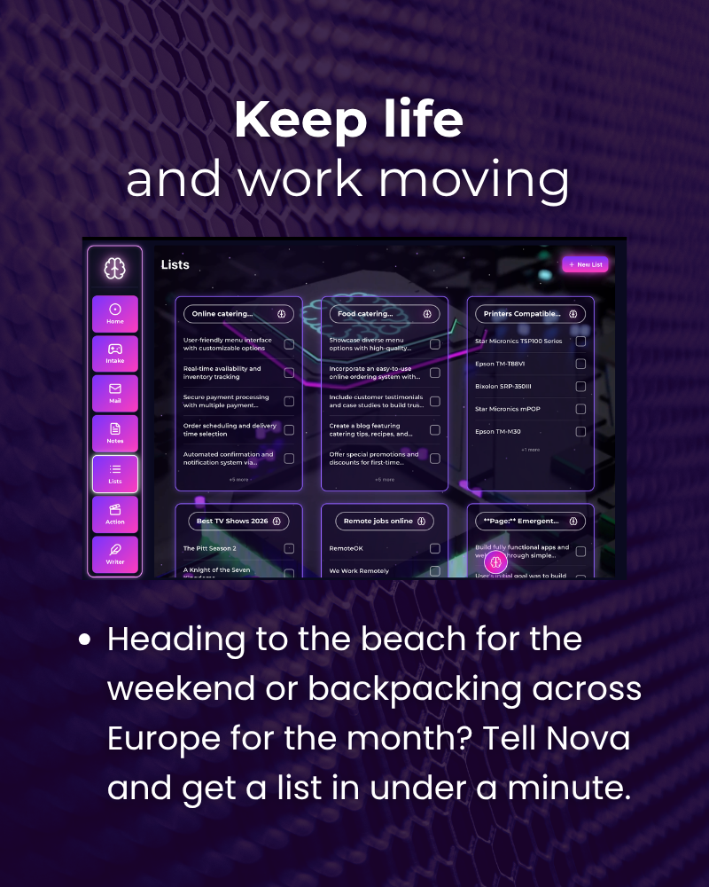 A digital interface of a task management app on a screen with options for lists and categories, over a purple and black honeycomb patterned background, with the text "Keep life and work moving" and a caption about heading to the beach and creating a travel list using Nova.