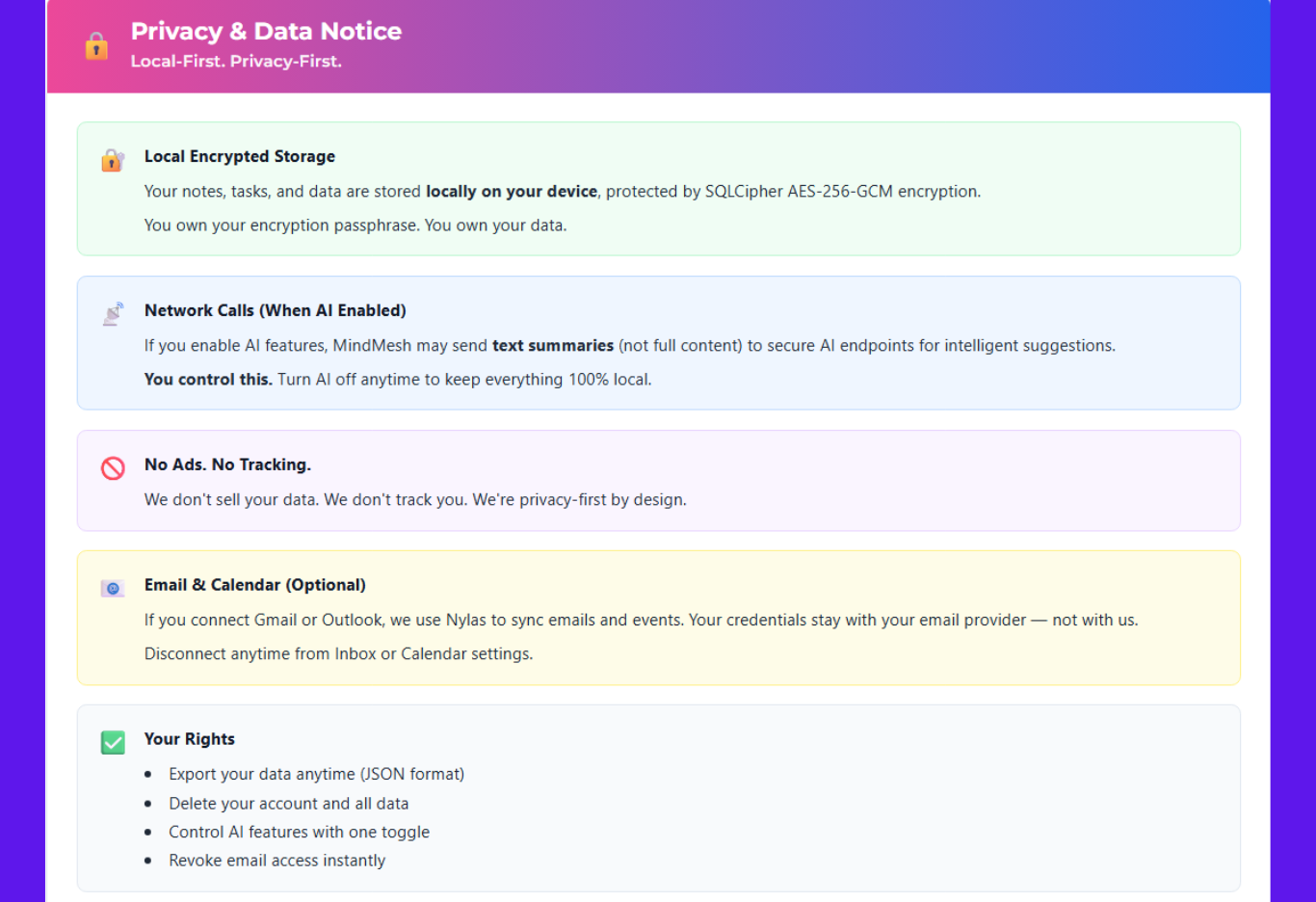 Screenshot of a privacy and data notice with sections on local encrypted storage, network calls, no ads or tracking, email and calendar synchronization, and user rights.