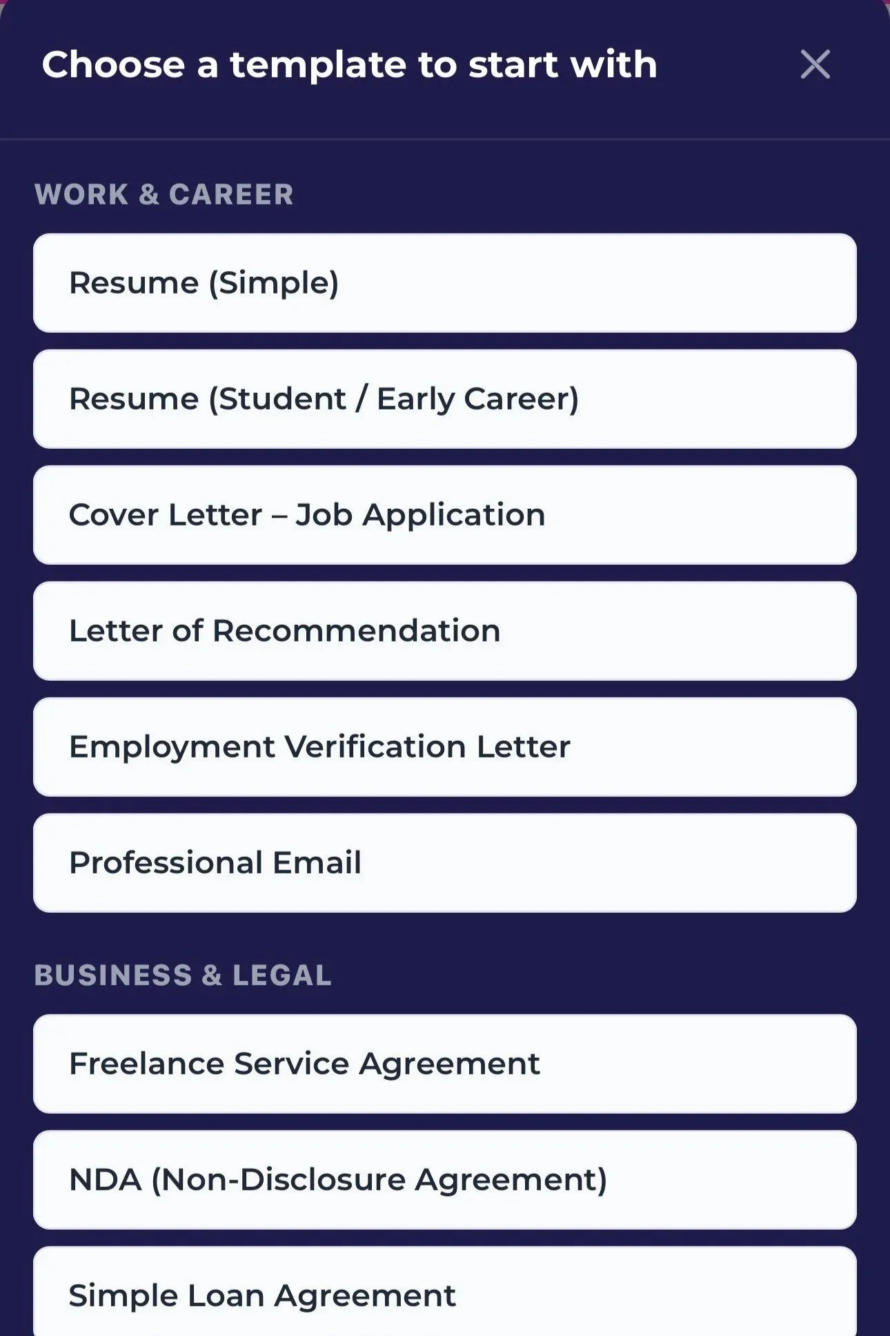 Screen displaying a list of templates for starting work-related legal and professional documents, separated into sections for work and career, and business and legal.