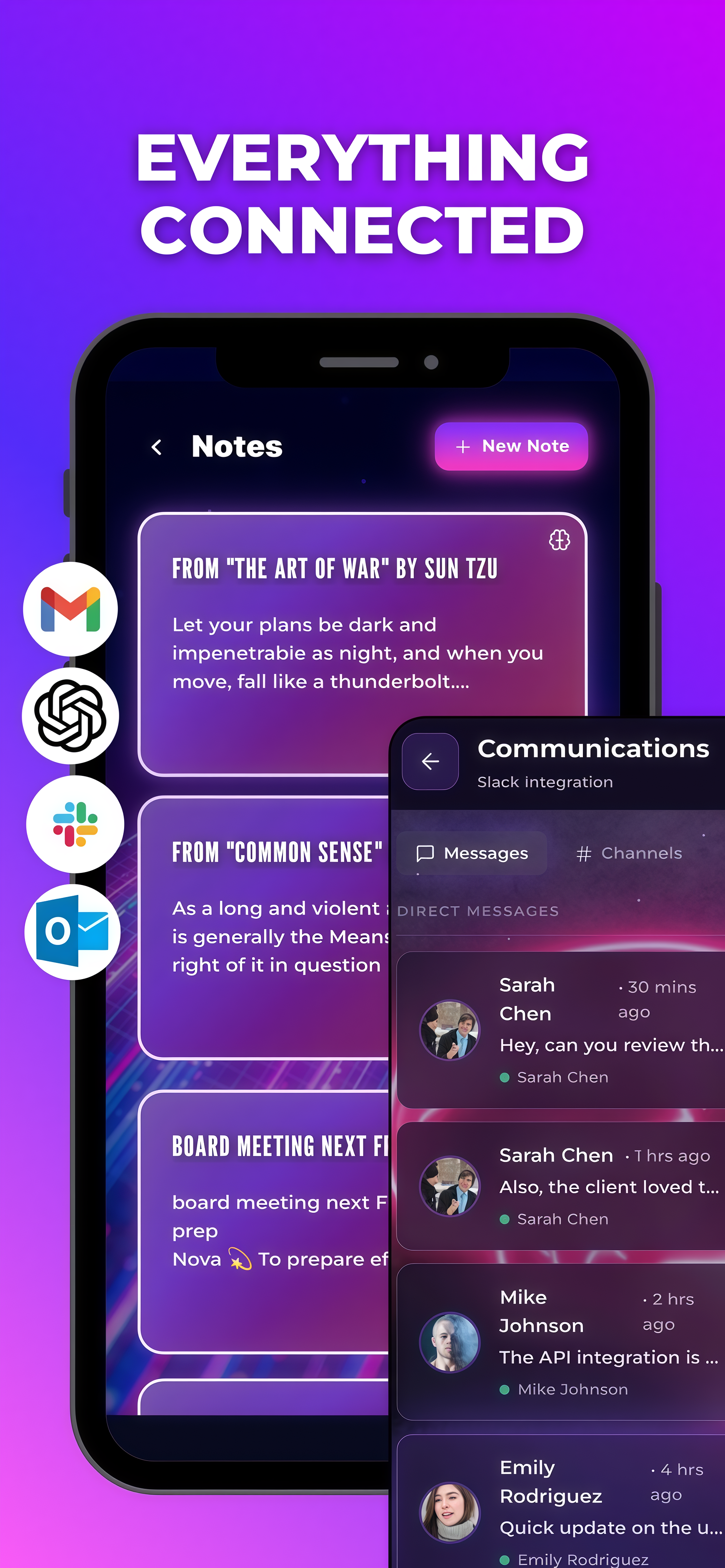 A digital illustration showing a smartphone with connected apps and notes on the screen, with a purple background that has a gradient effect.