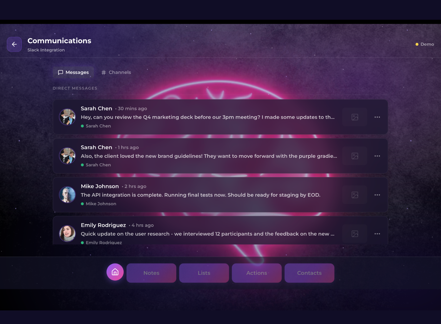 Screenshot of a digital communication app interface with a space-themed background featuring a neon pink heart and stars. The app shows a list of recent messages from multiple users, including Sarah Chen, Mike Johnson, and Emily Rodriguez, discussing work updates and feedback.