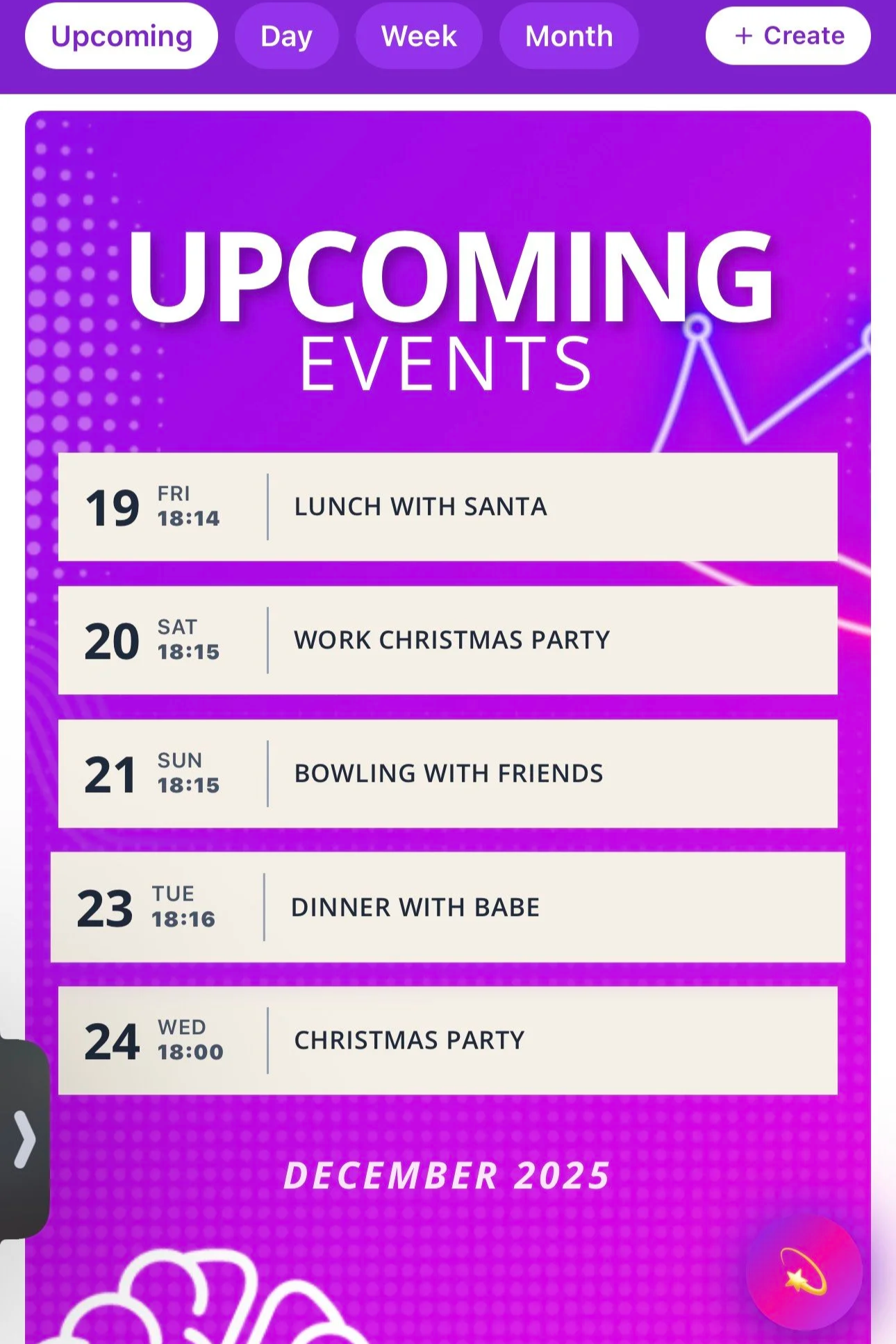 Upcoming events schedule for December 2025, including lunch with Santa, work Christmas party, bowling with friends, dinner with babe, and Christmas party, displayed on a vibrant purple digital planner screen.