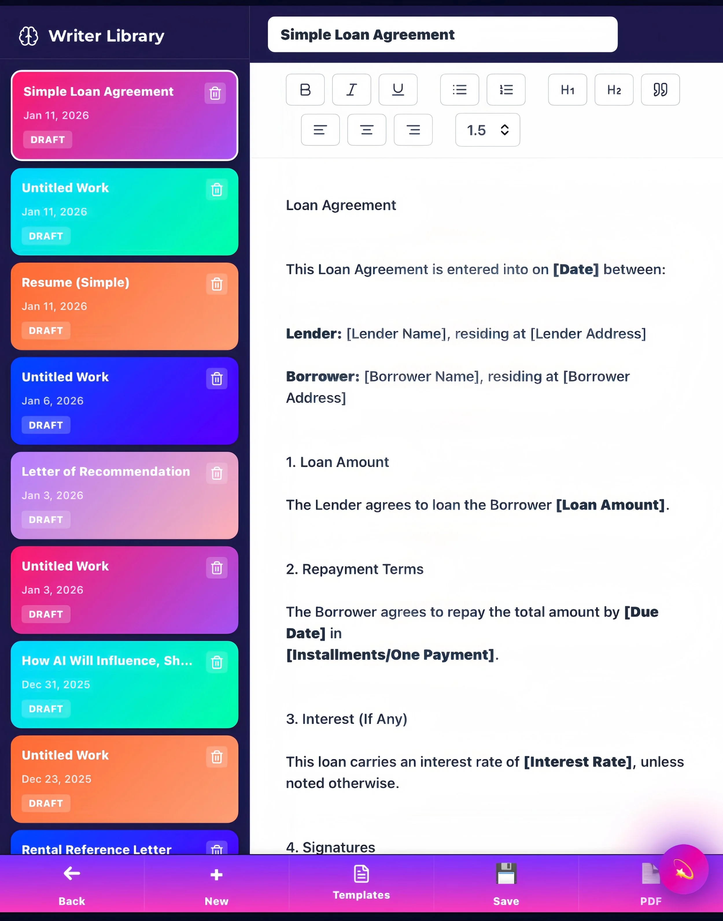 Screenshot of a mobile app titled 'Writer Library' displaying a list of draft writing projects with titles, dates, and color-coded tags, including 'Untitled Work,' 'Vision feature,' 'Invoice (Simple) yes,' and 'Travel Itinerary.'