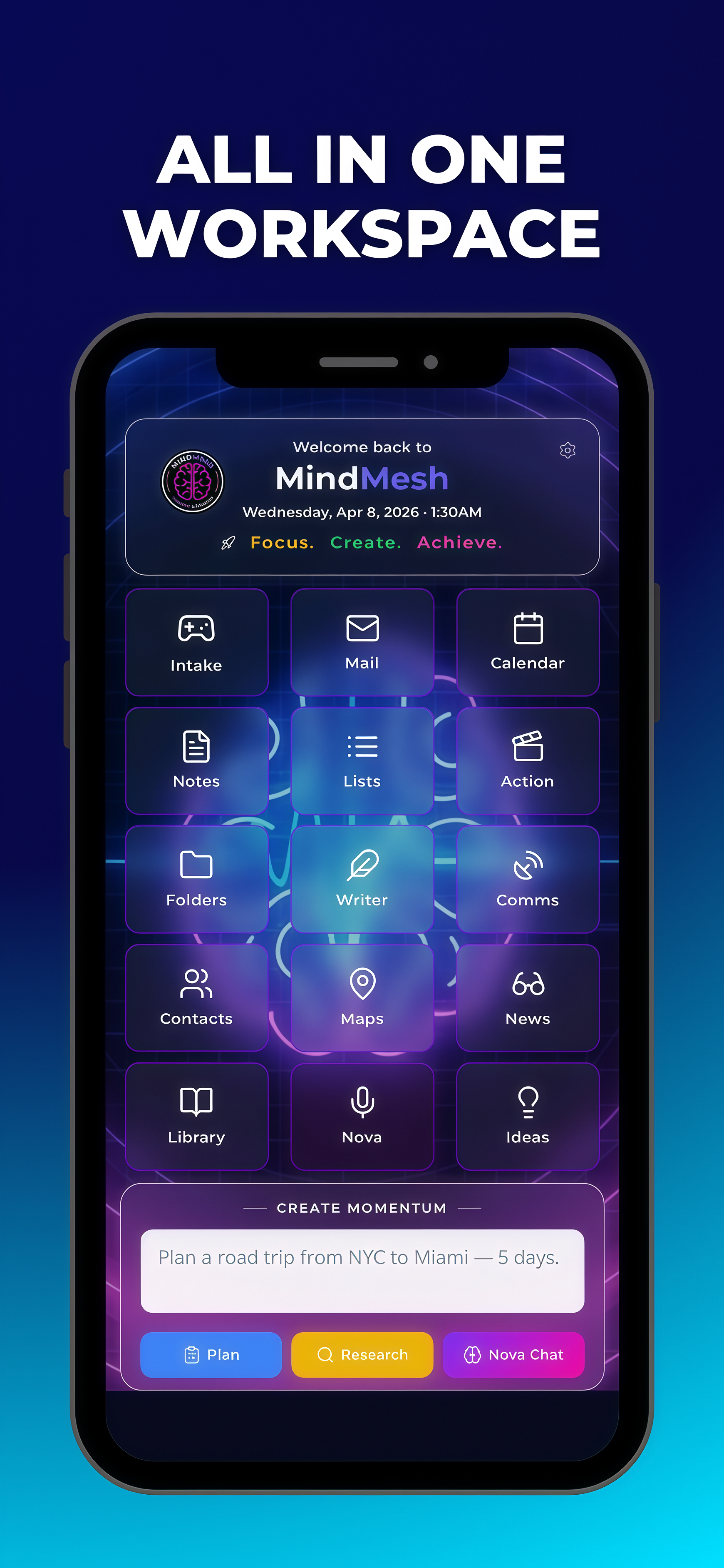 Mobile app interface for MindMesh, an all-in-one workspace, displaying various icons for tools such as Intake, Mail, Calendar, Notes, Lists, Action, Folders, Writer, Comms, Contacts, Maps, News, Library, Nova, Ideas, and a section to create momentum with options for planning, research, and chat.