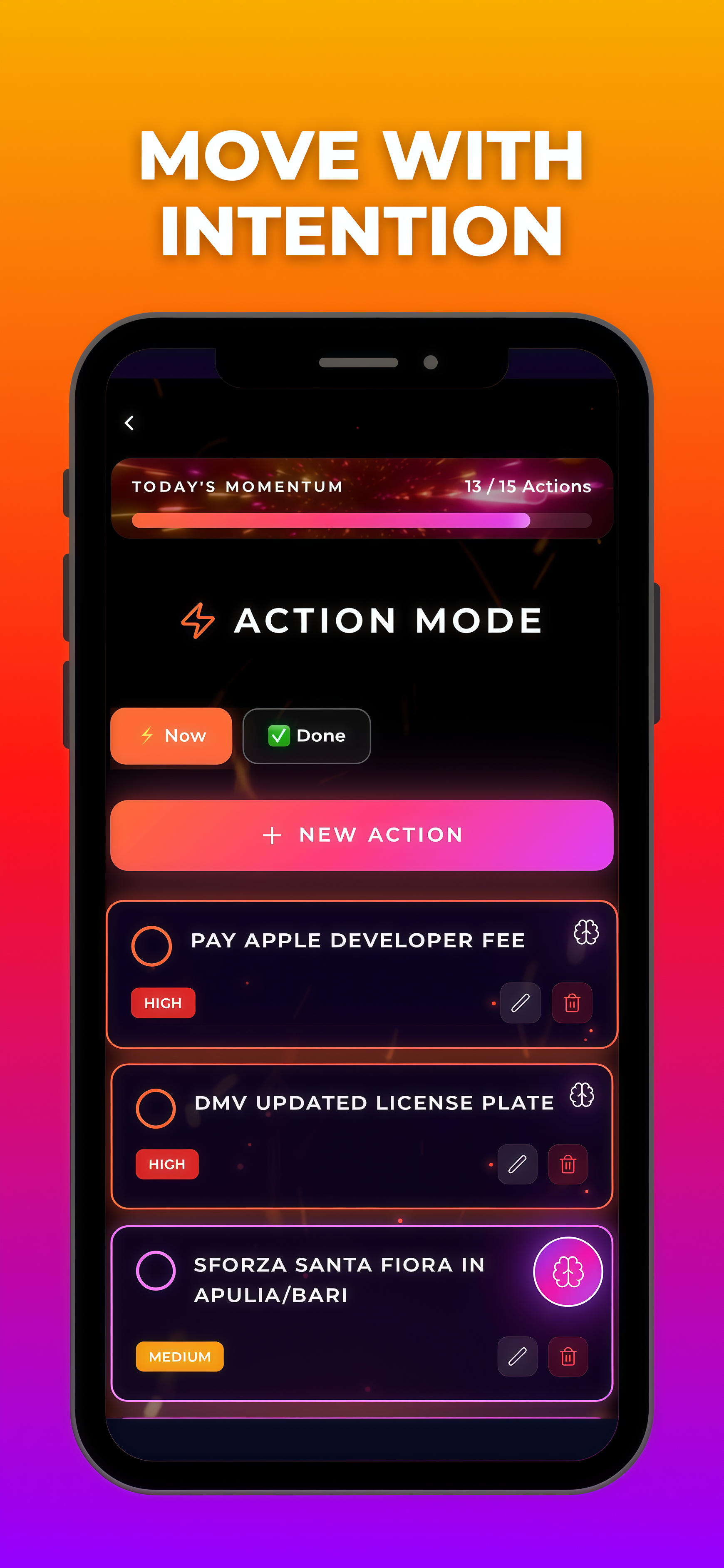 A smartphone screen displays a task management app with a black background, showing various actions to be completed today, including paying a fee, updating a license plate, and a task related to Santa Fiora in Apulia/Bari, with colorful progress bars and action buttons.