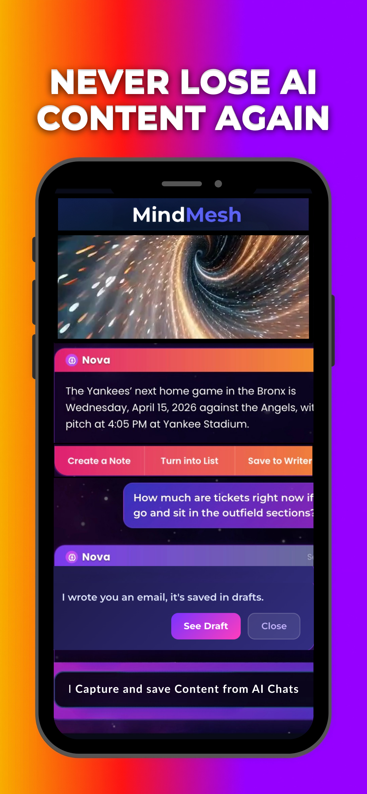 MindMesh mobile app showing Nova AI organizing saved content and email drafts
