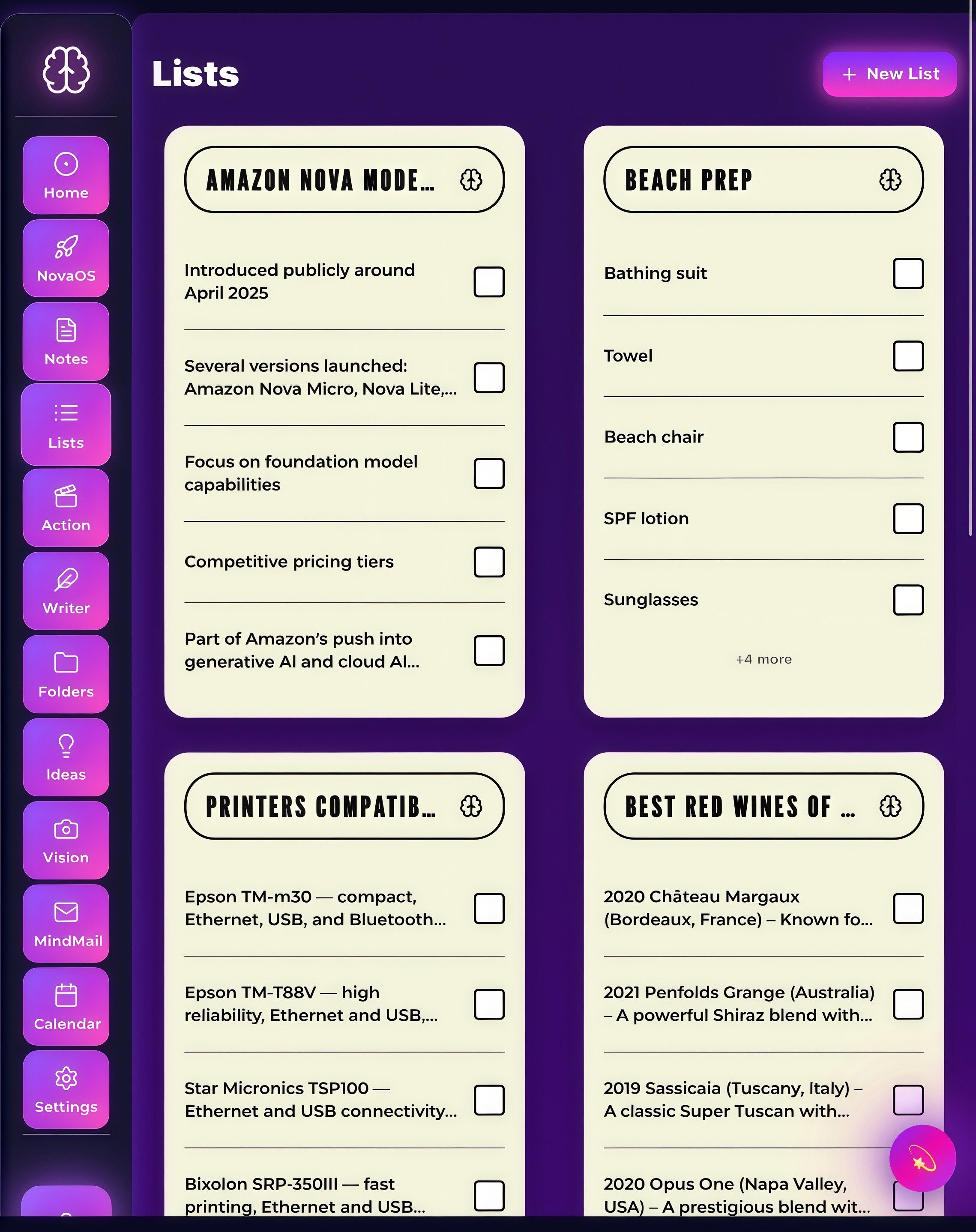 Mobile app interface screen displaying a list with categories for organizing items. The screen has a dark purple and pink theme, with a sidebar menu containing options like Home, NovaOS, Notes, Lists, Action, Writer, Folders, Ideas. The main section shows a list titled 'Printers Compatible' with various printer models and checkboxes. There is also a '+ New List' button at the top right.