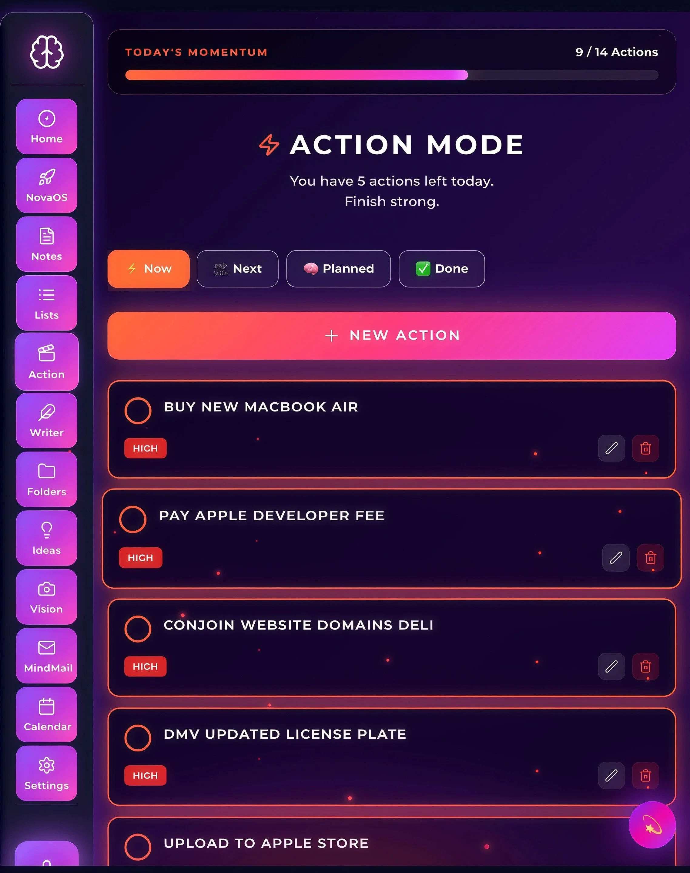 A mobile app interface showing a task management system with sections for actions, notes, lists, writer, folders, and ideas. The main screen displays 'Action Mode' with four actions remaining today, and options to start now, go to next actions, or plan. Two actions are listed: 'Pay Car Insurance' marked high priority, and 'Test,' each with edit and delete icons.