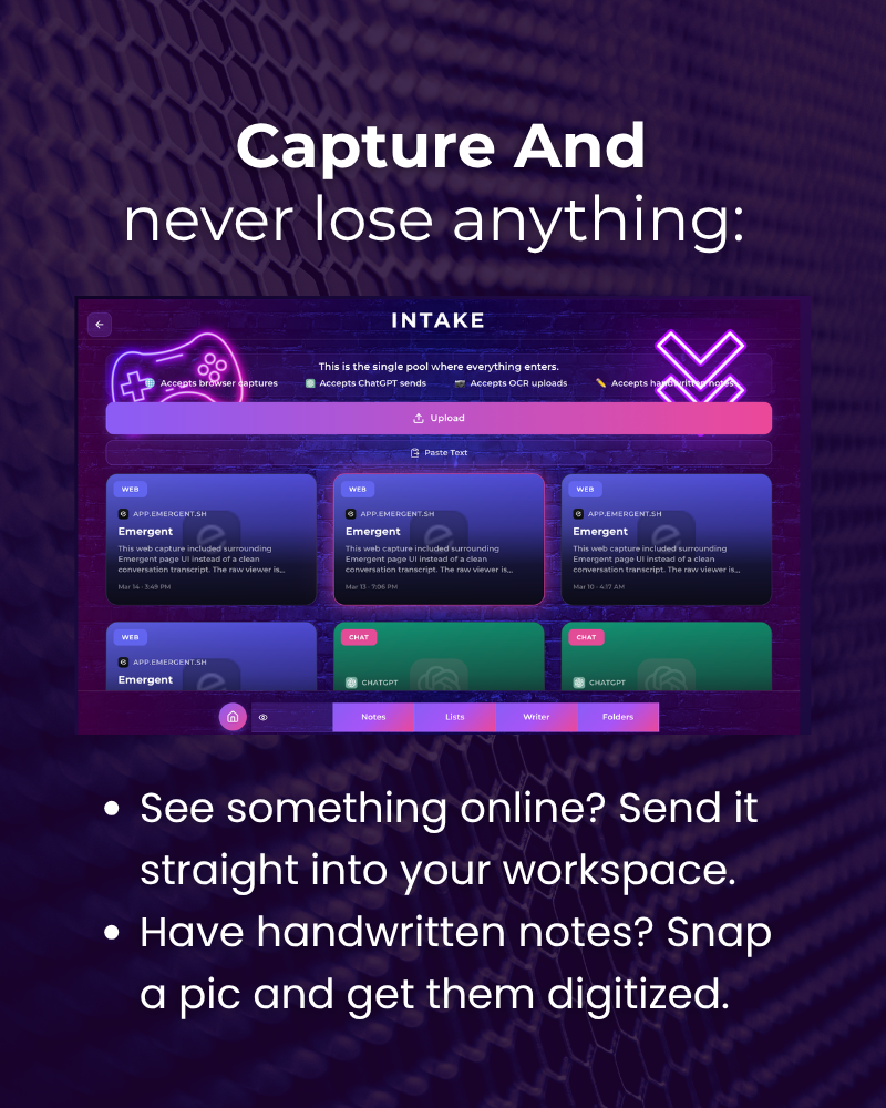 Screenshot of a digital workspace platform with a header reading "Capture And never lose anything". The workspace displays tabs for notes, lists, writer, and folders, and contains various digital notes and chat windows related to web content and AI chat interfaces.