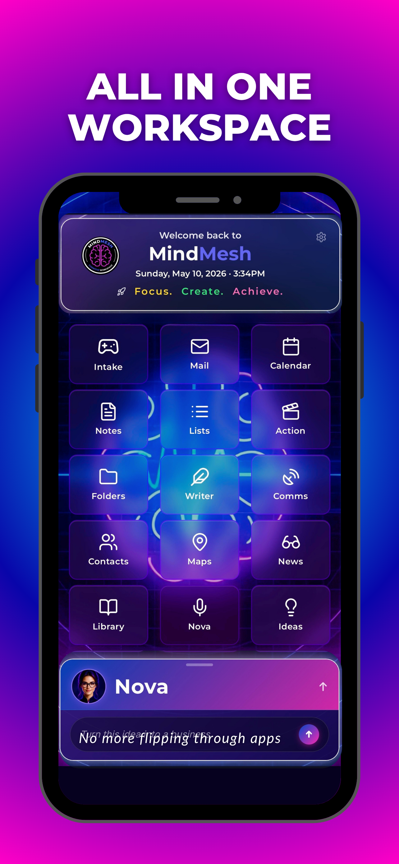 MindMesh mobile app showing the all-in-one cognitive workspace dashboard