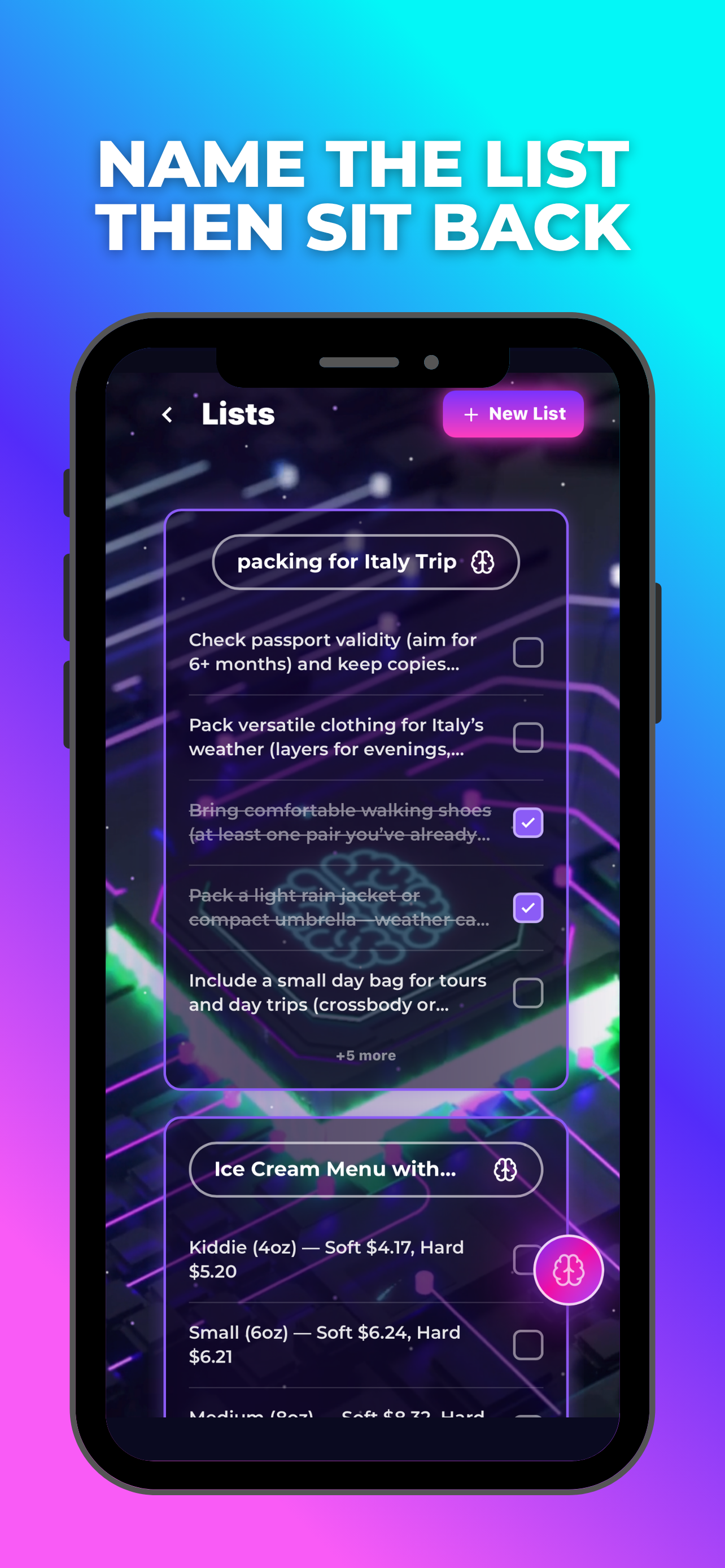 MindMesh mobile app creating and organizing smart lists automatically
