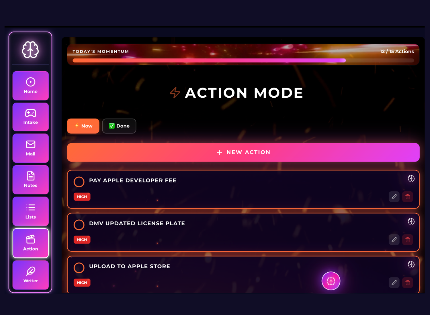 Screenshot of a digital task management app in action mode with a dark background, pink and orange accent colors, showing three tasks: paying Apple developer fee, updating DMV license plate, and uploading to Apple Store, each marked high priority. The left sidebar has icons for Brain, Home, Intake, Mail, Notes, Lists, Action, and Writer.