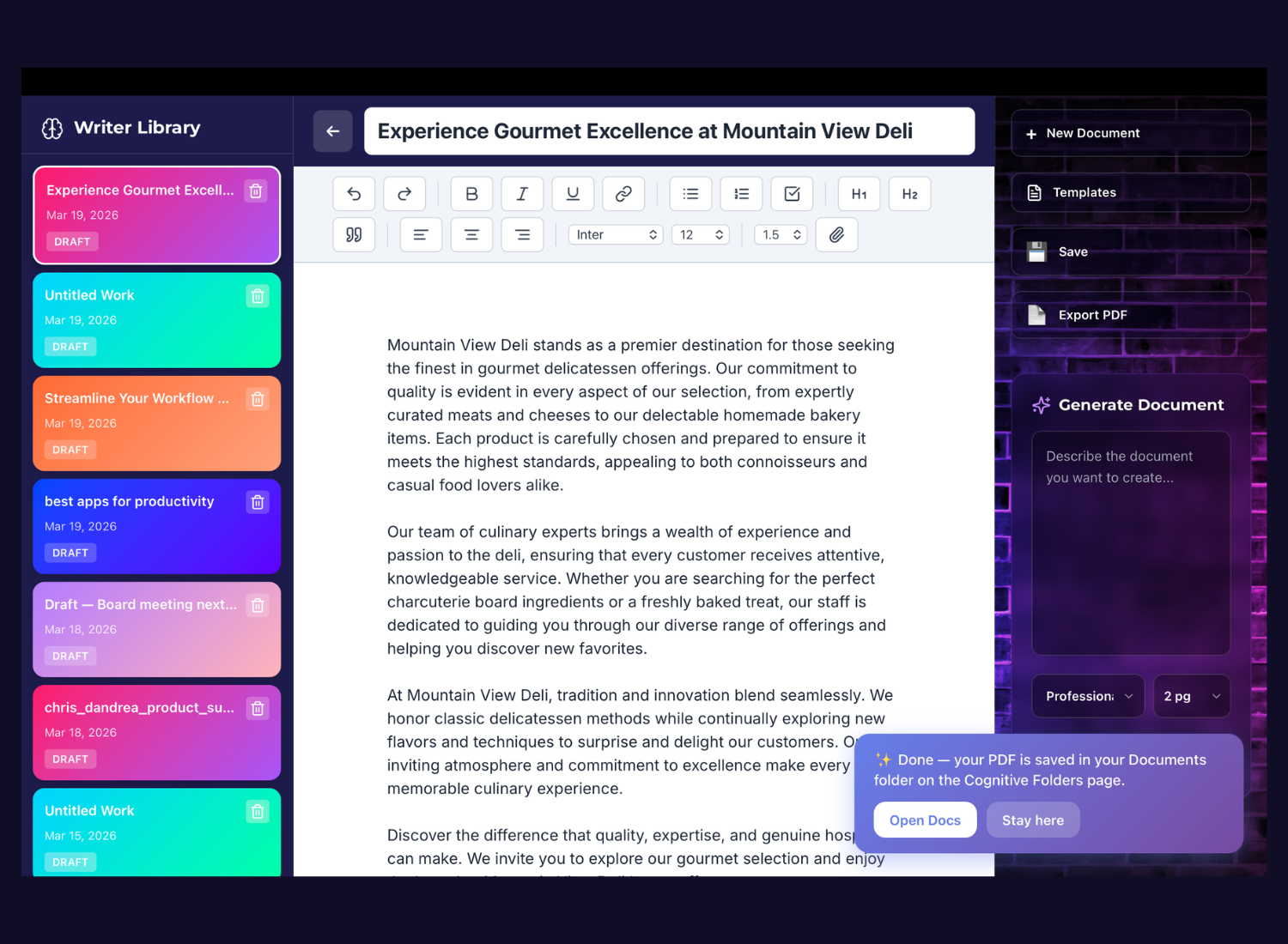 Screenshot of a digital workspace interface with various documents listed on the left, a large document titled "Why MindMesh Outperforms Every Other Knowledge & Wo" in the center, and a purple-themed panel with options to generate and describe documents to the right.