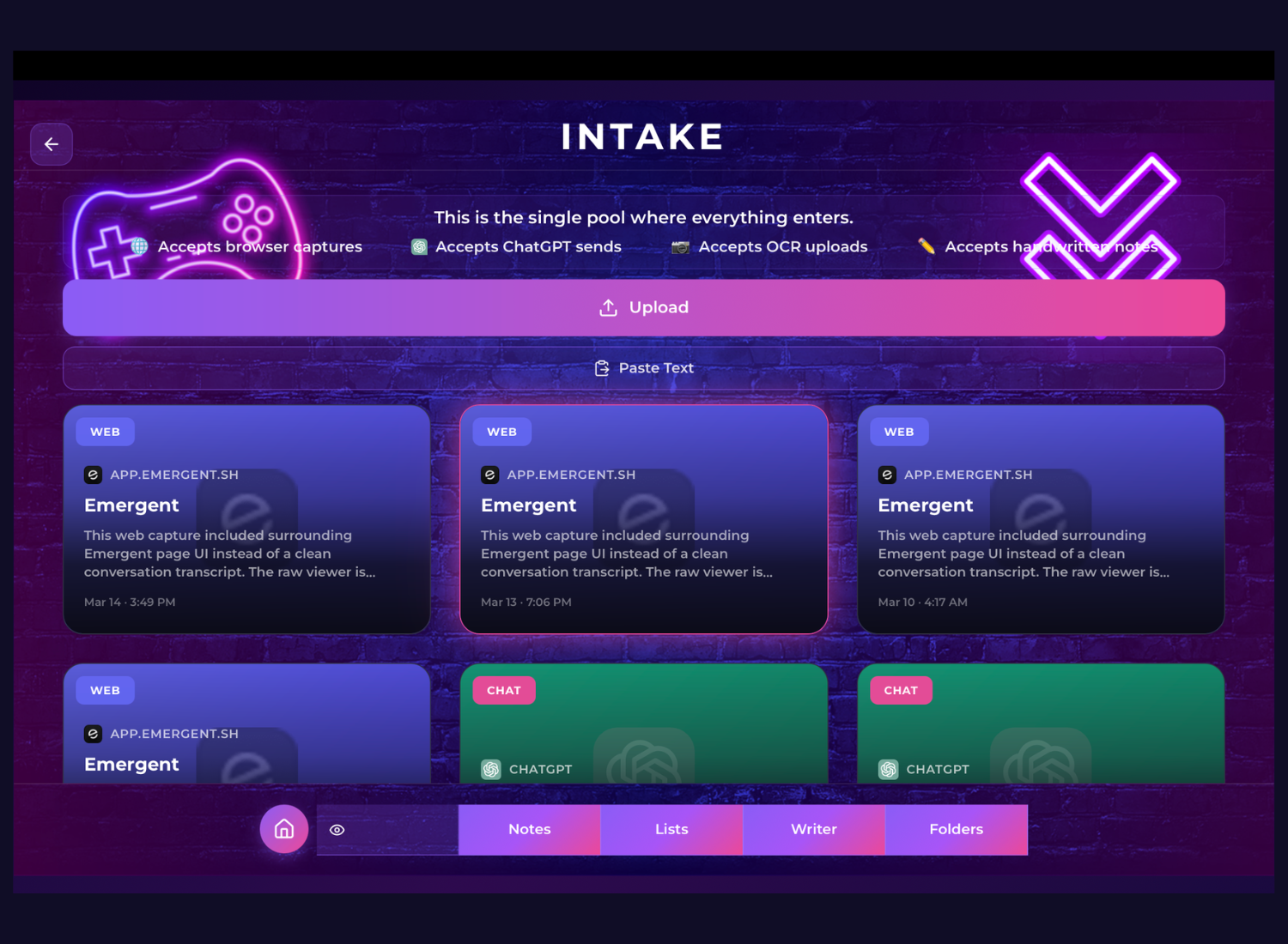 An online application interface with a dark purple background and neon-style graphics, including a game controller and checkmarks. It features a section labeled 'INTAKE' with icons indicating it accepts browser captures, ChatGPT sends, OCR uploads, and handwritten notes. There is a purple upload button and several green chat cards labeled 'Memory Layer App Idea' with timestamps, and a pink bottom navigation bar with icons for notes, lists, writer, folders, and a home button.