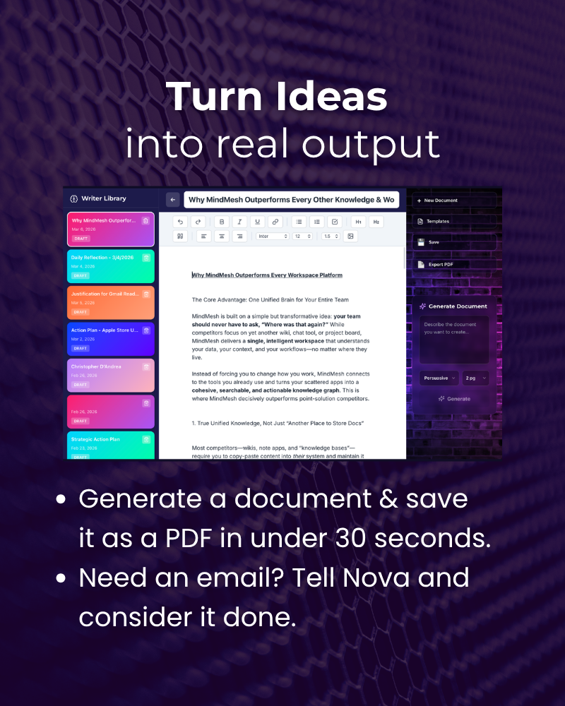 A digital graphic promoting a workspace platform with the headline "Turn Ideas into real output". It features a screenshot of a document editor with a list of projects on the left and editing tools on the right, placed over a textured purple background. Text in the foreground reads: "Generate a document & save it as a PDF in under 30 seconds" and "Need an email? Tell Nova and consider it done."