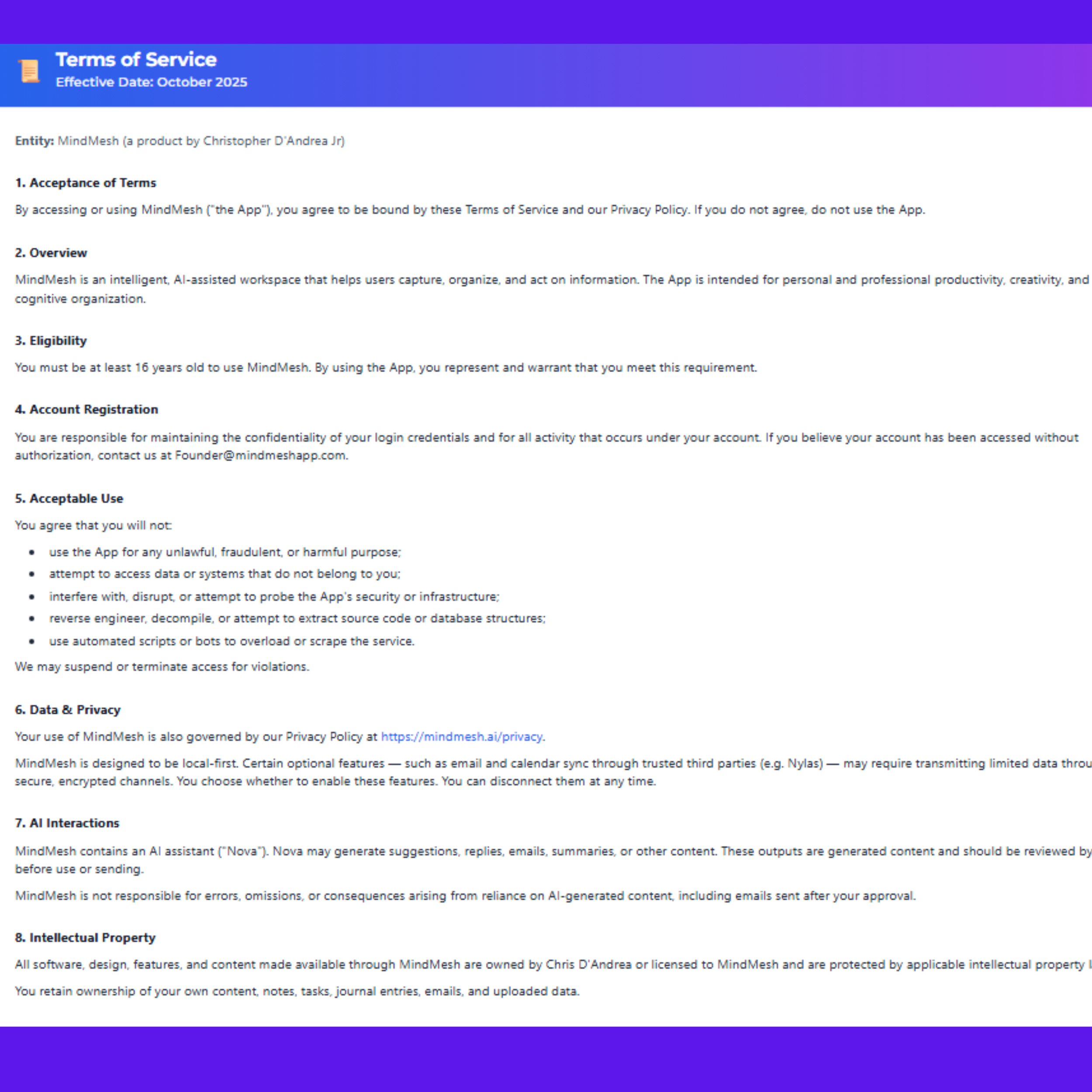Terms of Service document for MindMesh, effective October 2025, including sections on Acceptance, Overview, Eligibility, Account Registration, Acceptable Use, Data & Privacy, AI Interactions, and Intellectual Property.