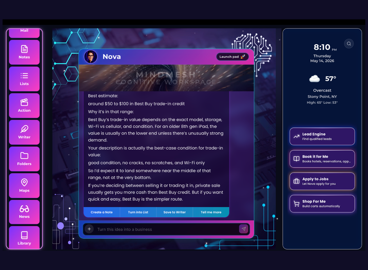 MindMesh second brain app interface organizing research, pricing insights, notes, and AI-generated recommendations in one workspace