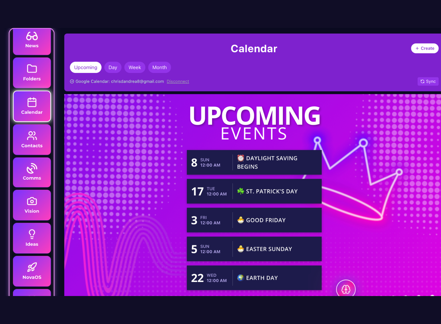 A digital calendar interface with upcoming events listed, including daylight savings, St. Patrick's Day, Good Friday, Easter Sunday, and Earth Day, displayed on a purple background with neon accents.