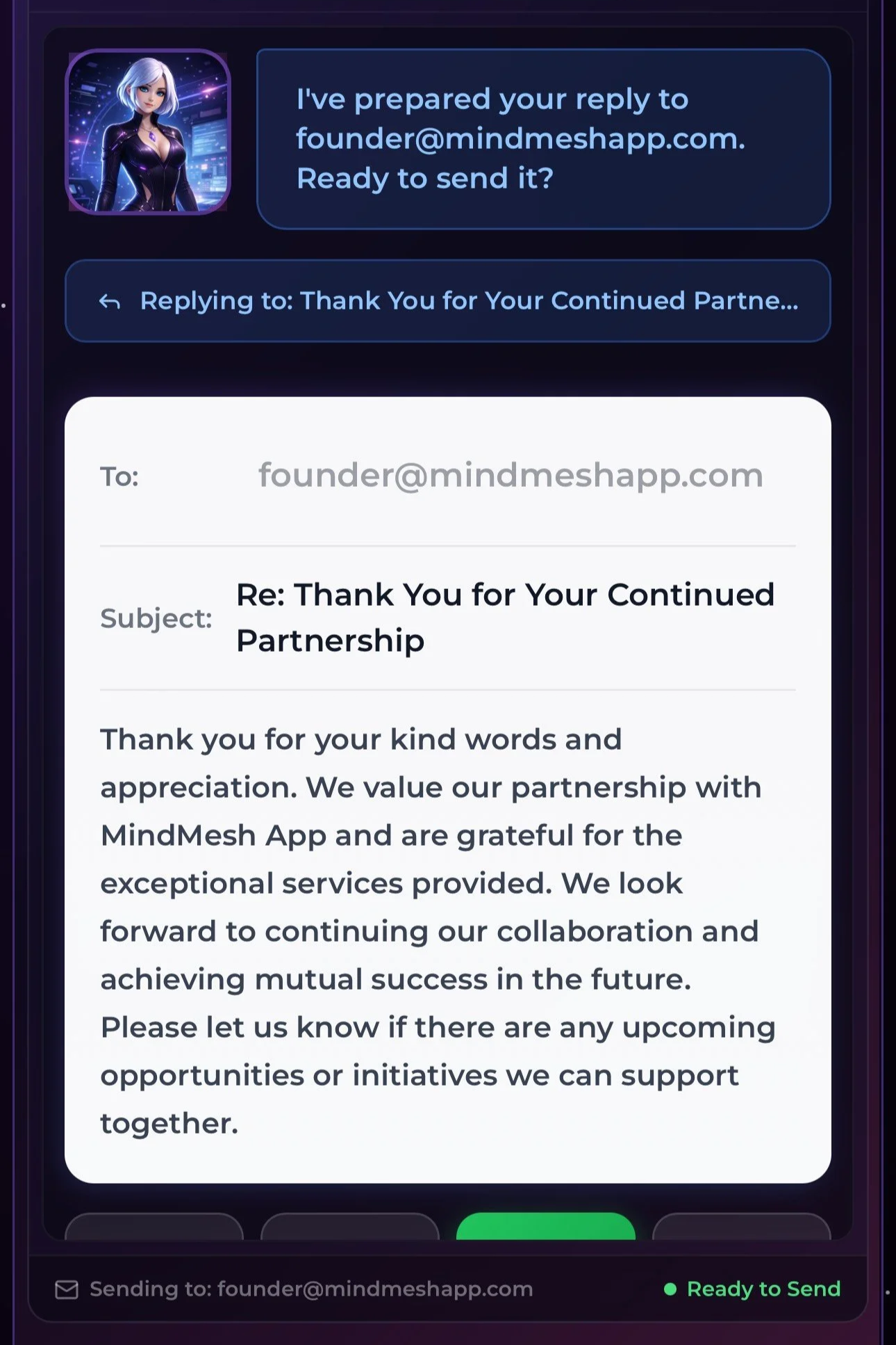 A digital conversation screen showing a message from a female avatar with white hair and a futuristic outfit, holding an email reply about a partnership, alongside a detailed email response thanking for the continued partnership.
