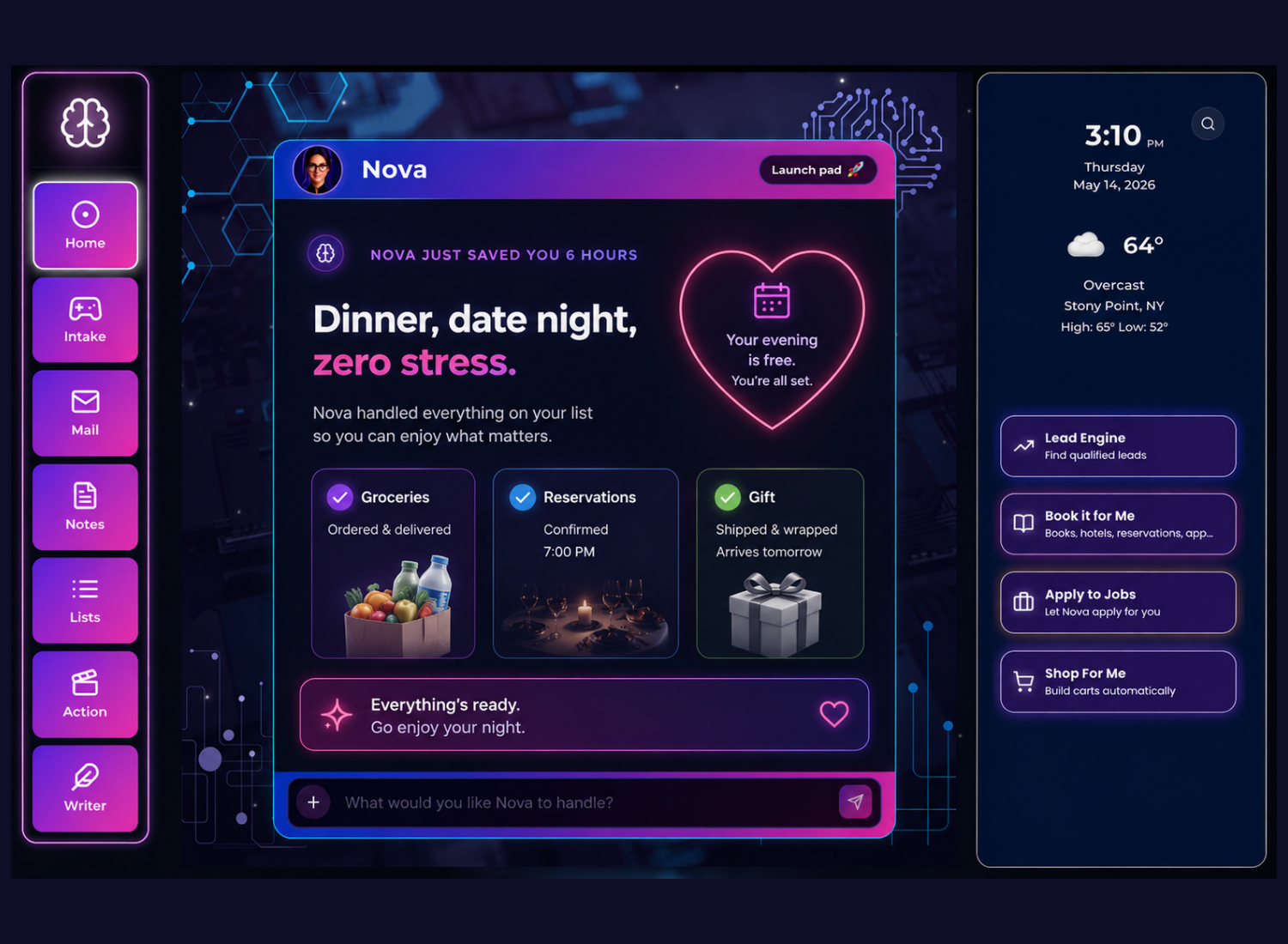 MindMesh AI workspace interface showing smart reminders, planning tools, notes, tasks, and daily organization powered by Nova AI