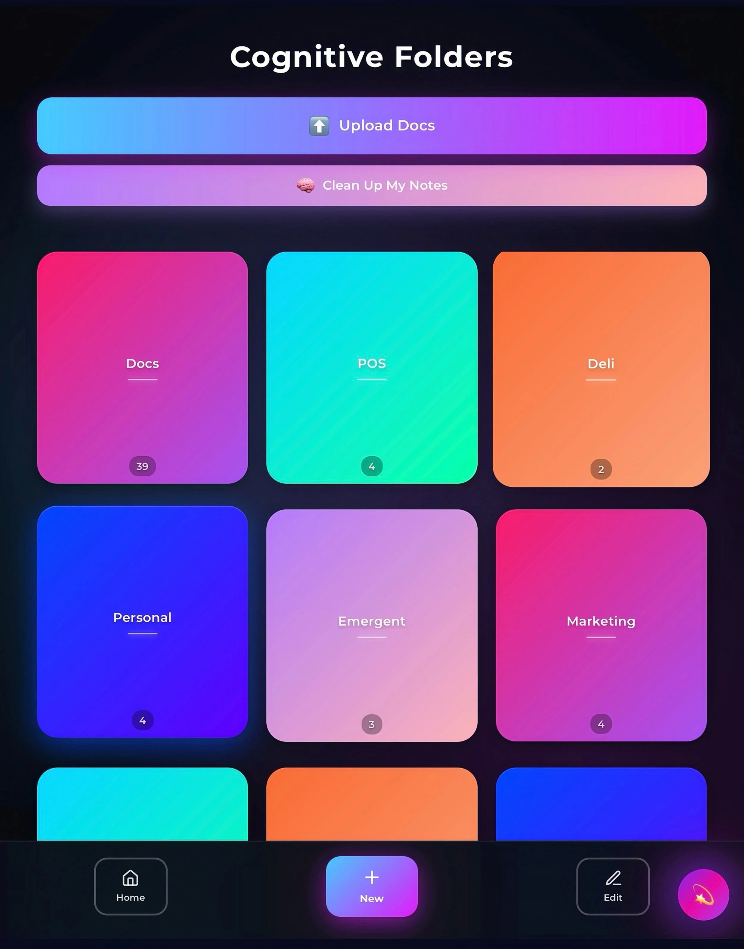 A digital interface titled 'Cognitive Folders' with options to upload documents and organize categories such as Docs, POS, Deli, Personal, Emergent, Marketing, Learning, Projects, and Log Cabin, each with a number indicating items.