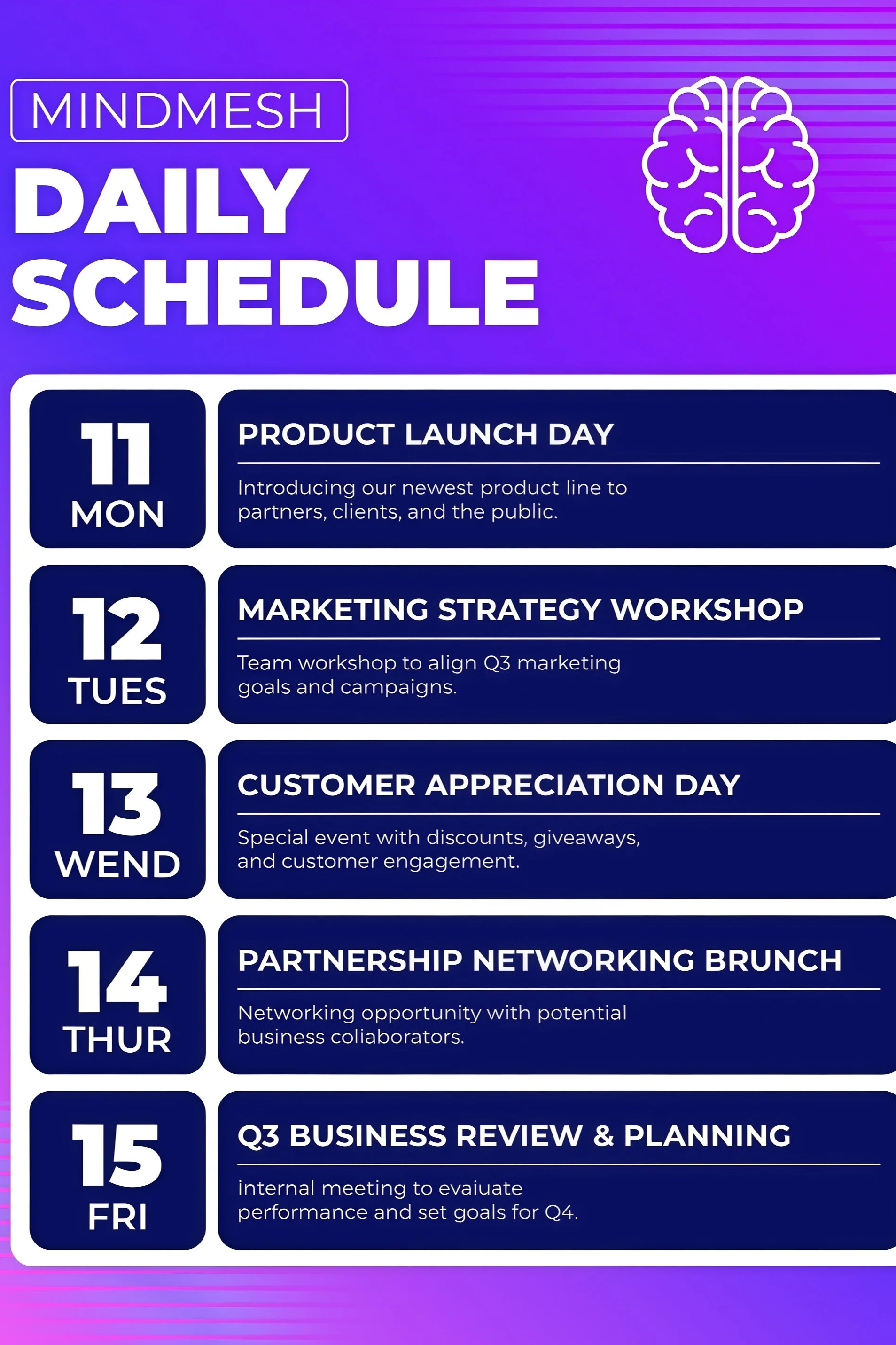 Weekly business schedule with events from Monday, November 11th to Friday, November 15th, including product launch, marketing workshop, customer appreciation event, networking brunch, and quarterly review.