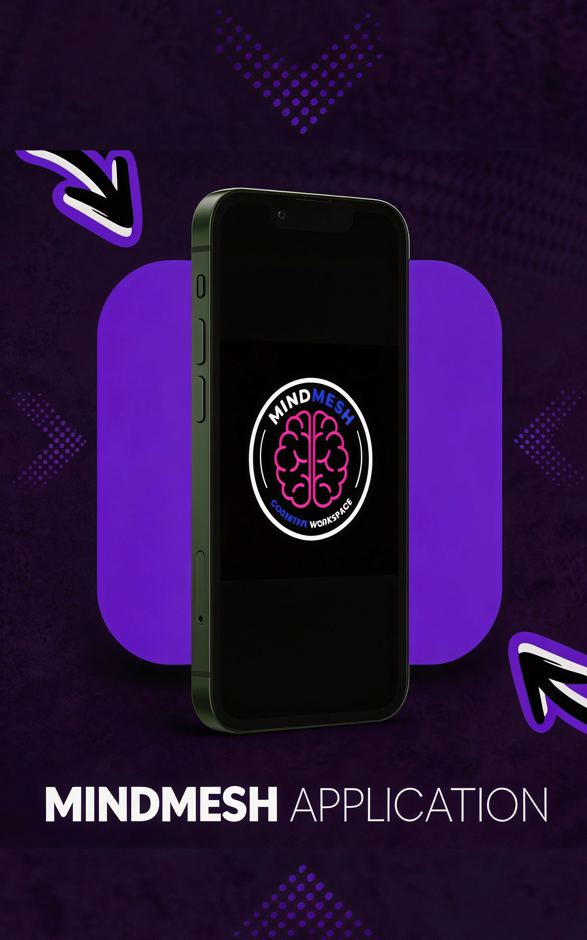 An advertisement for the Mindmesh application showing a smartphone with the app's logo, which features a pink brain and the words 'Mind Mesh' in blue and pink. The background is purple with dotted and arrow graphics, and the text 'Mindmesh Application' is at the bottom.