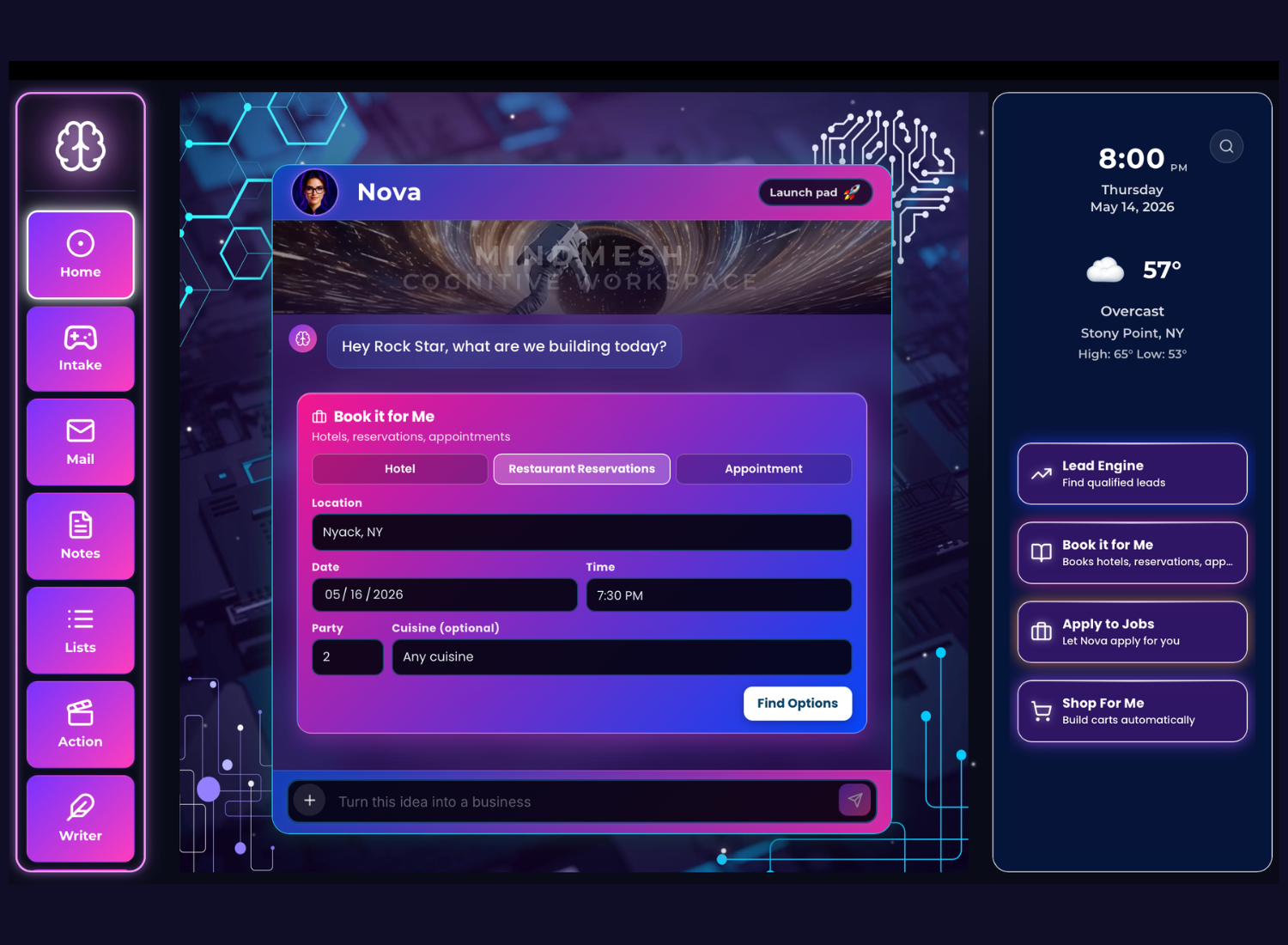 MindMesh cognitive workspace with AI planning assistant helping organize projects, bookings, appointments, and daily tasks