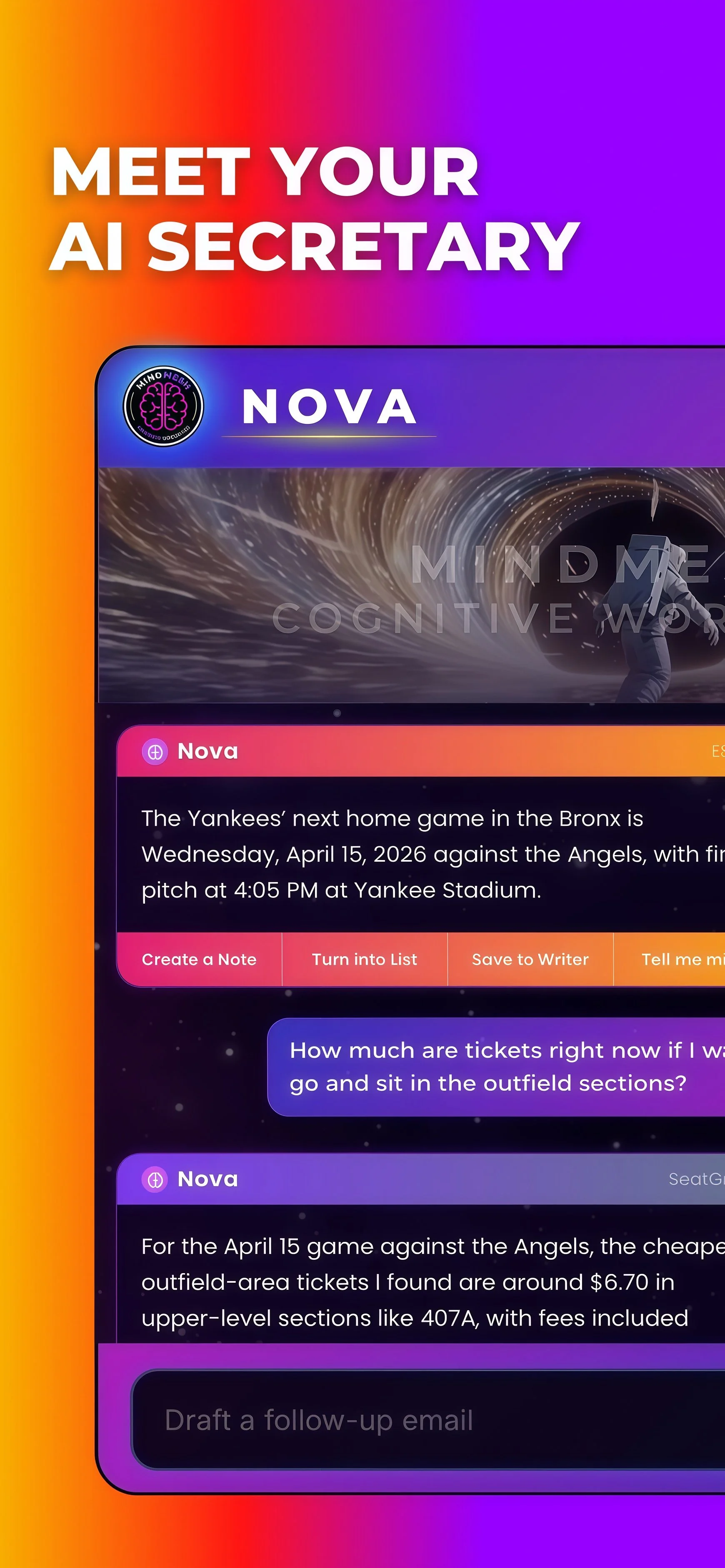 A smartphone screen displaying an app interface titled "Meet Your AI Secretary" with a section labeled "NOVA." The app includes a notification about a Yankees' baseball game on April 15, 2026, with options for notes, lists, saving to writer, and messages, set against a colorful gradient background.