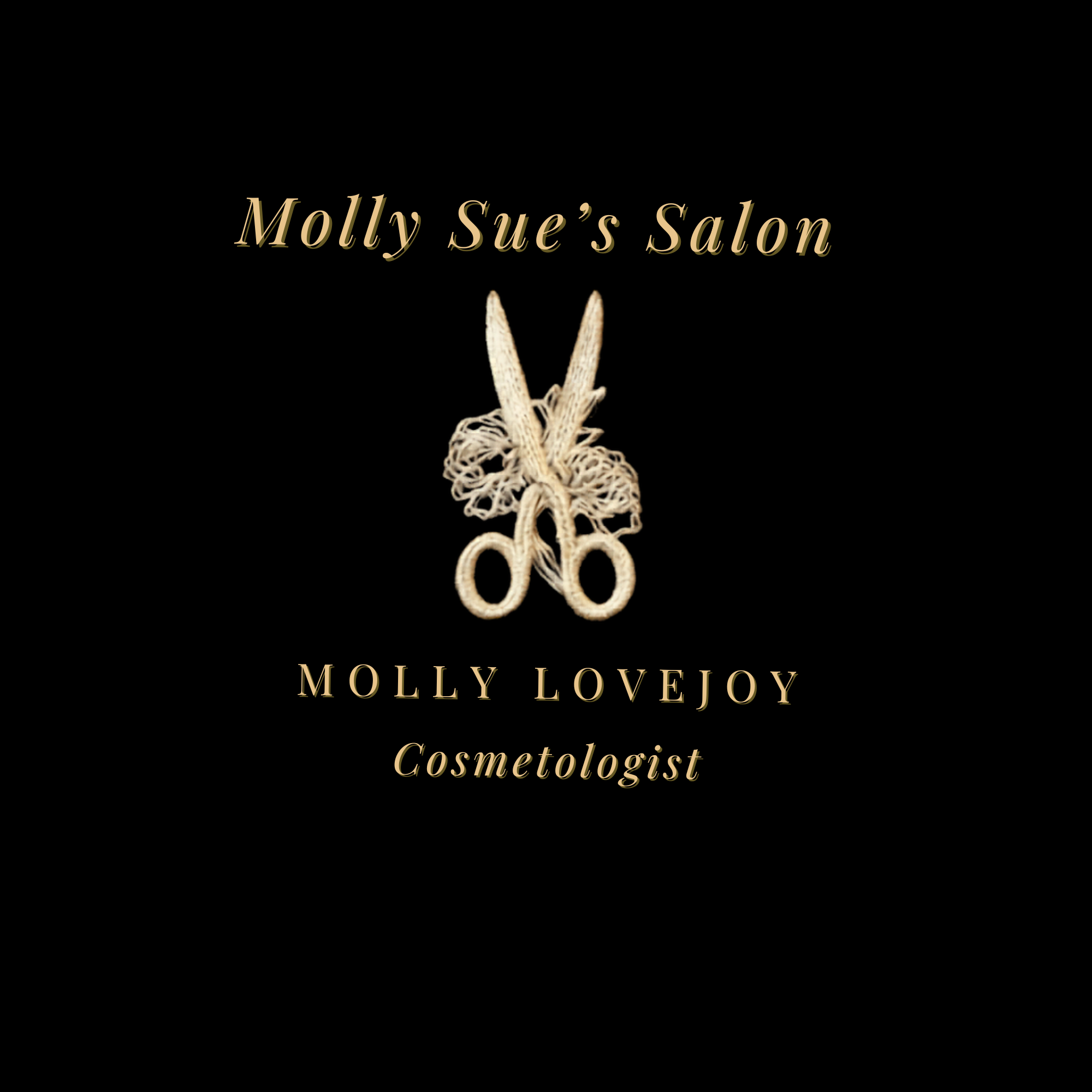 Logo titled 'Molly Lovejoy Cosmologist' with a black background, beige text, and a decorative beige ribbon tying a bow in the center.