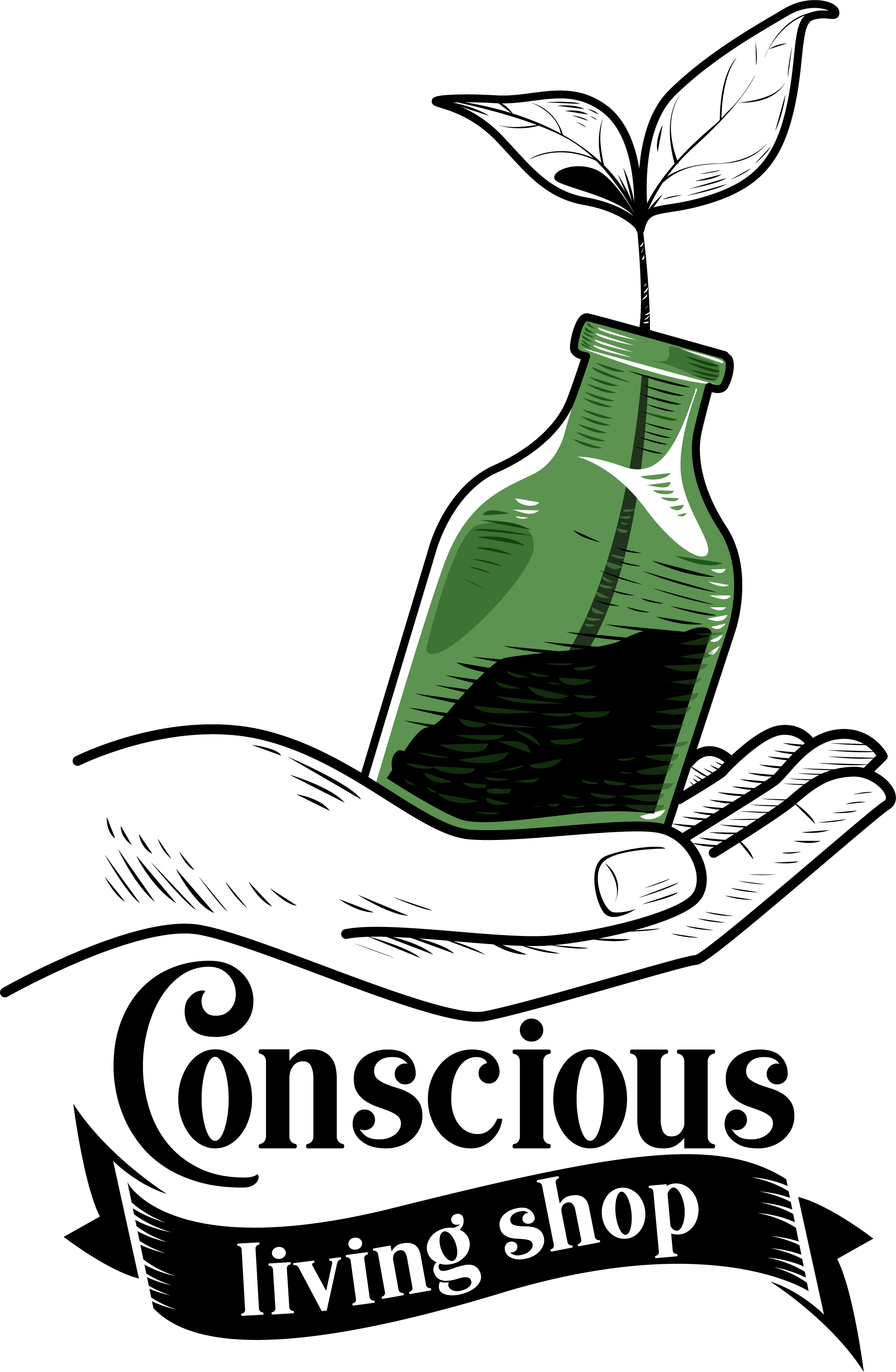 A green illustration of a bottle with the words 'living shop' in white tilted text at the bottom.