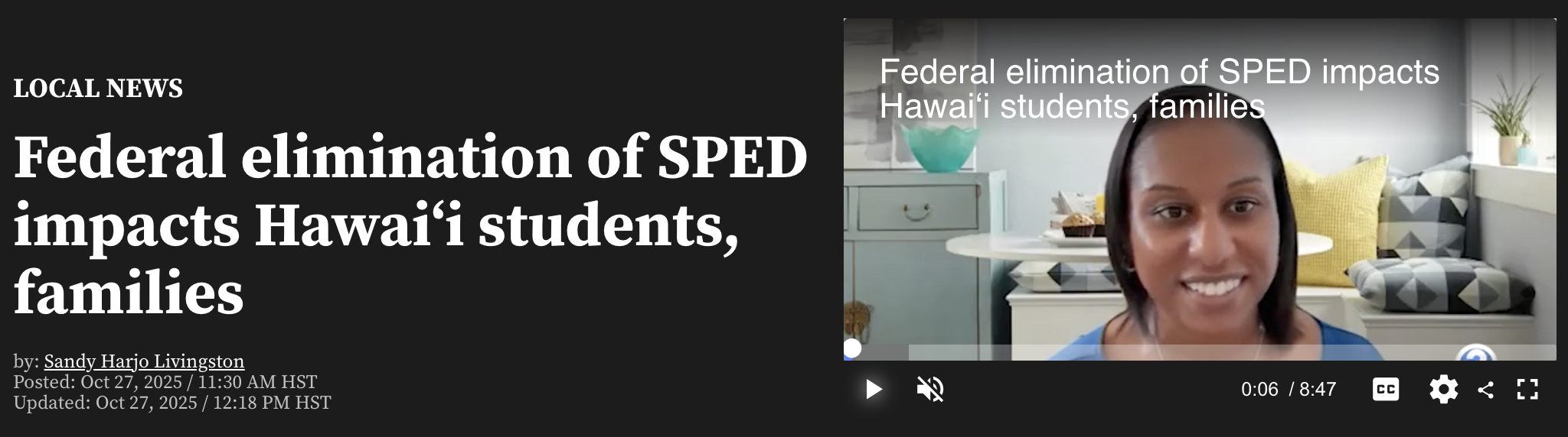 Screenshot of news article featuring black woman discussing special education changes in schools