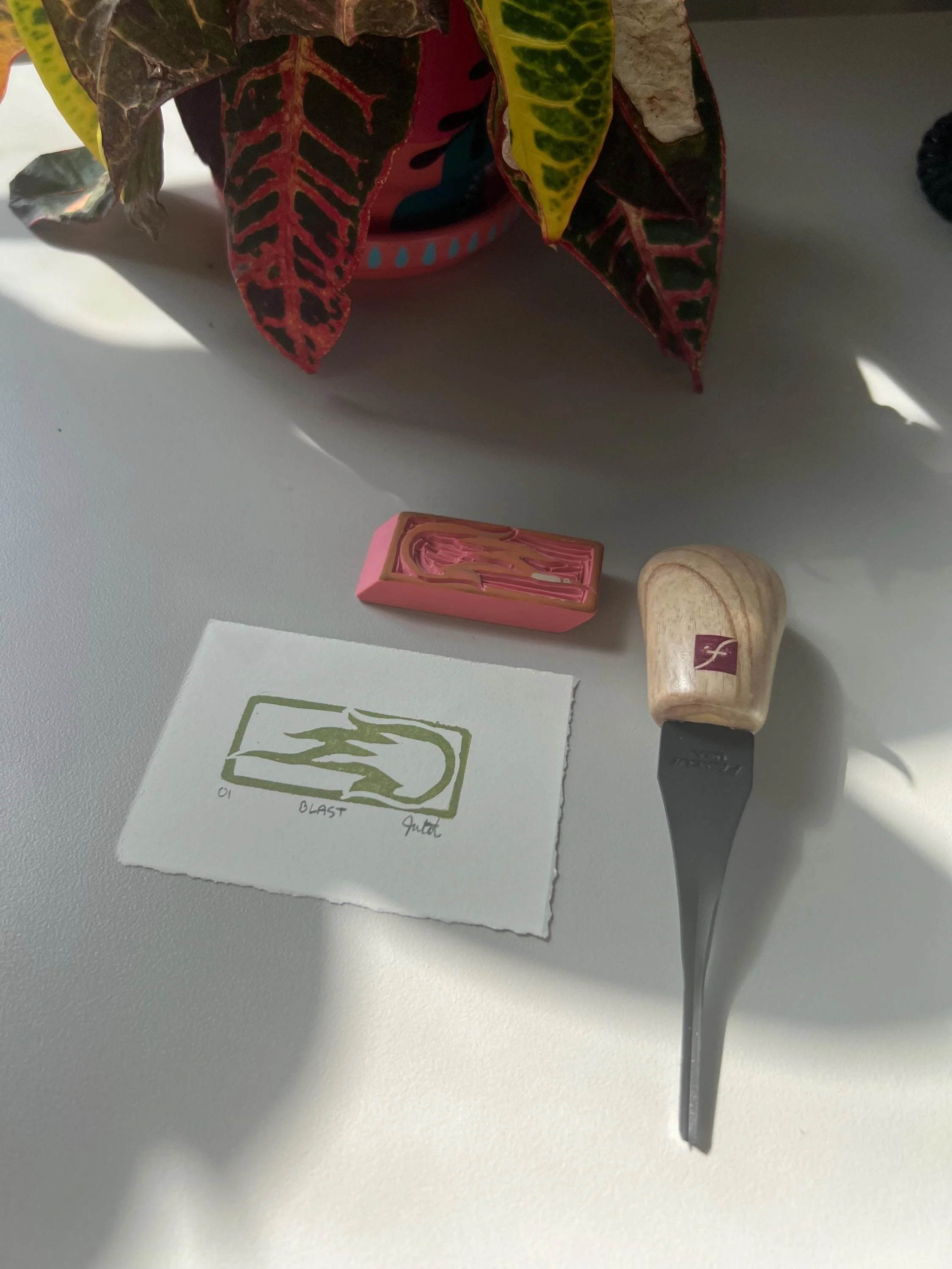 Hand-carved Pink Eraser Block Print - Fireball