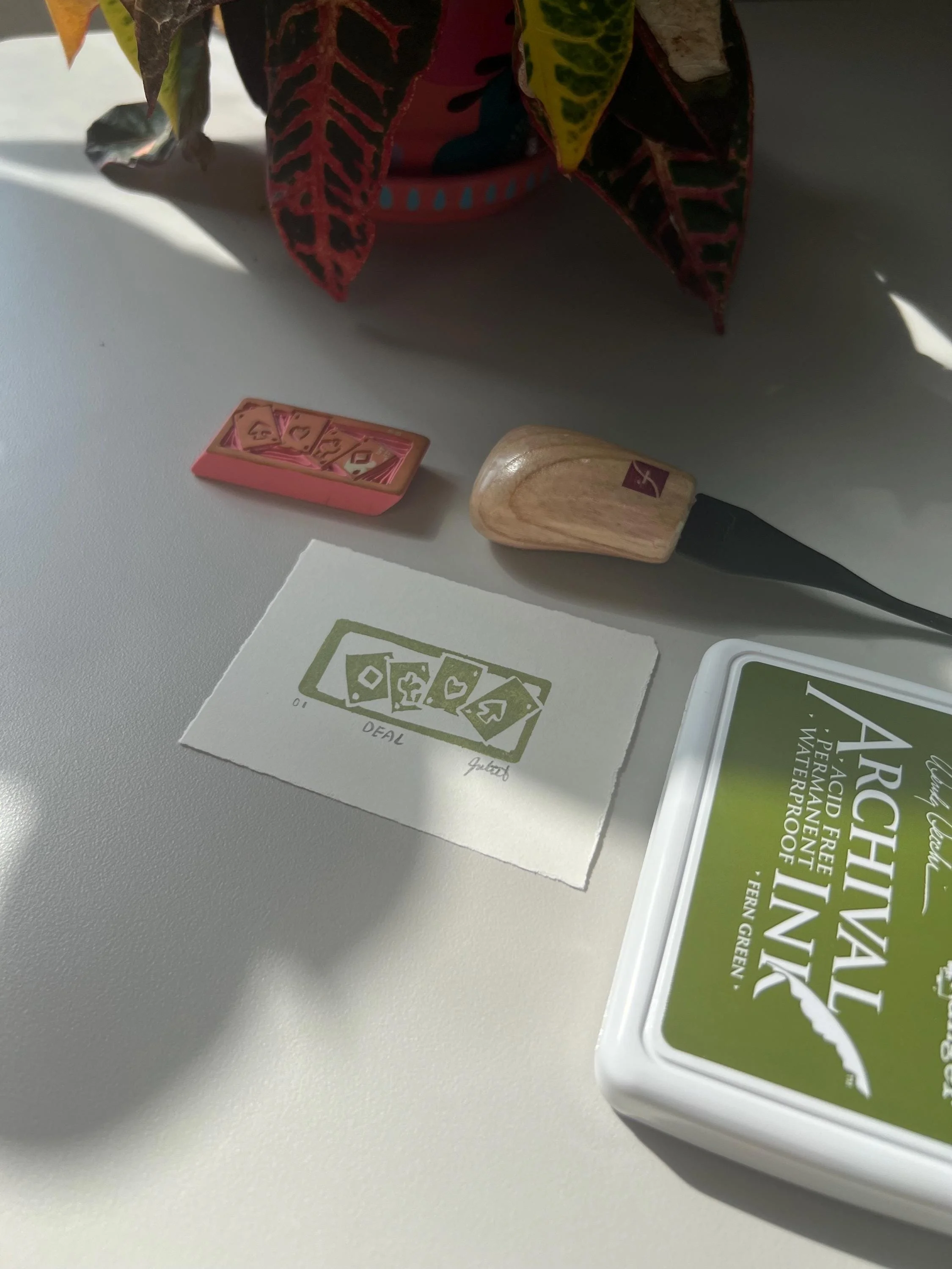 Hand-carved Pink Eraser Block Print - Aces Cards