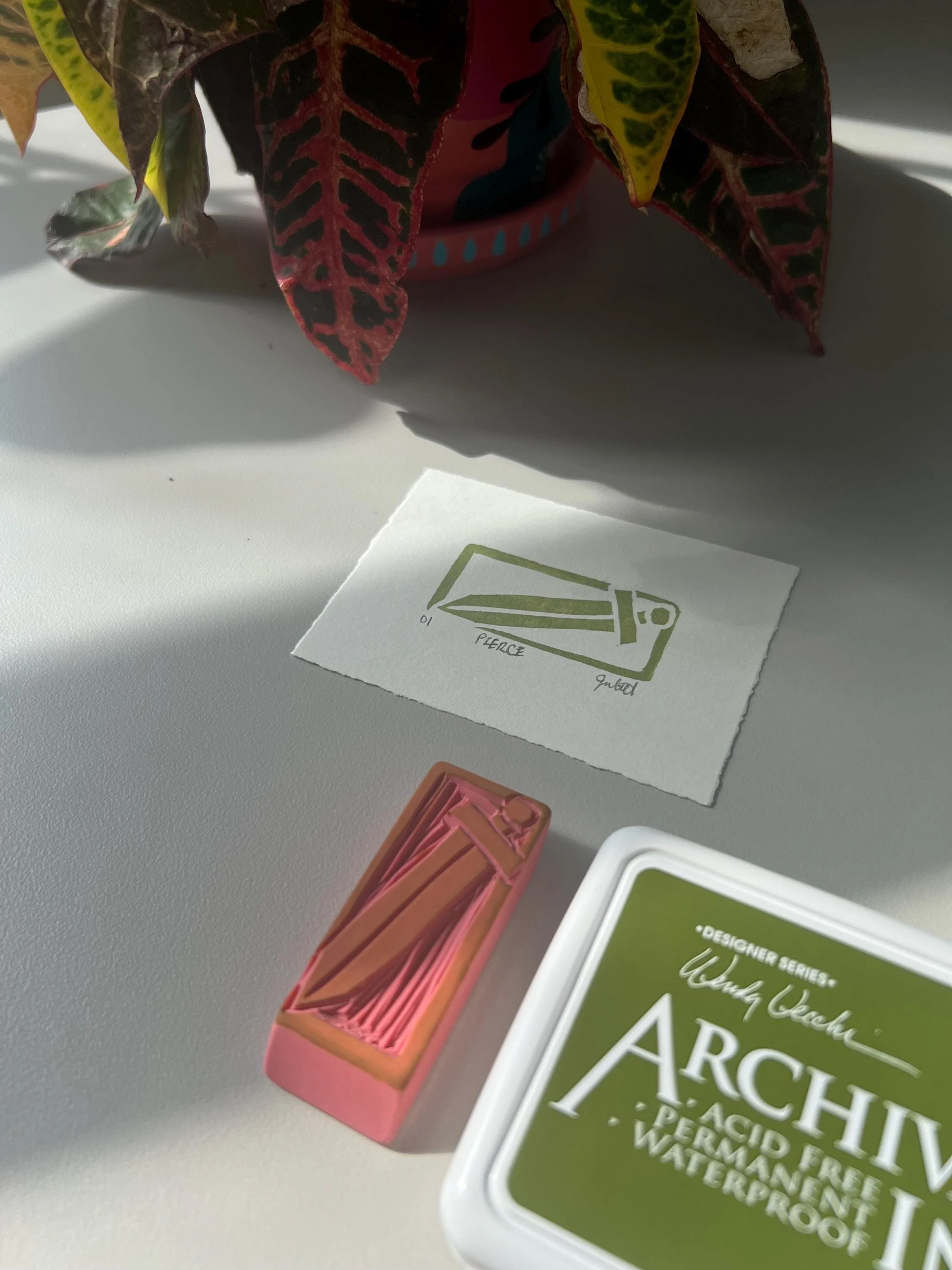 Hand-carved Pink Eraser Block Print - Sword/Dagger