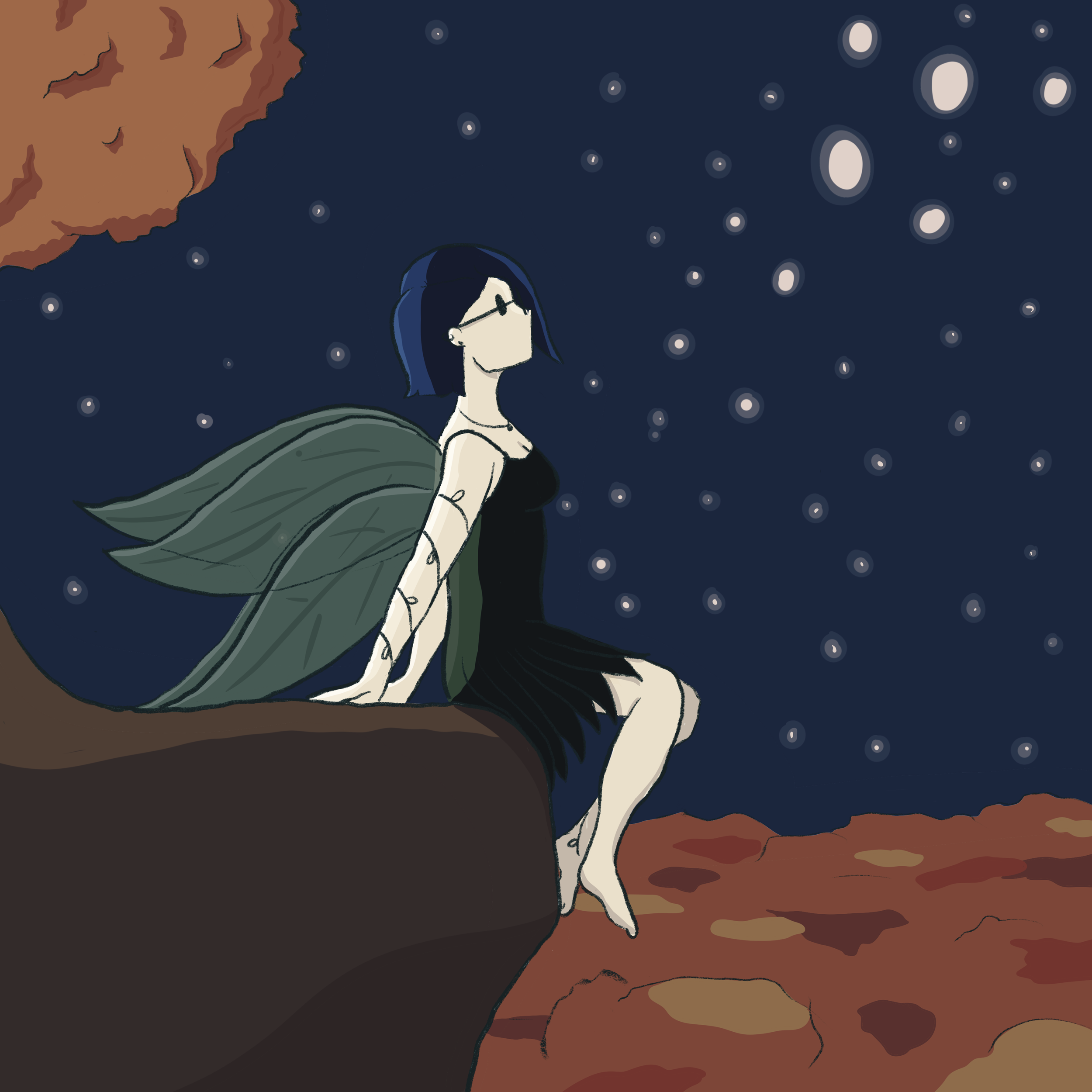 A fairy with blue hair stares up at the stars while she sits on the edge of a cliff over an orange forest