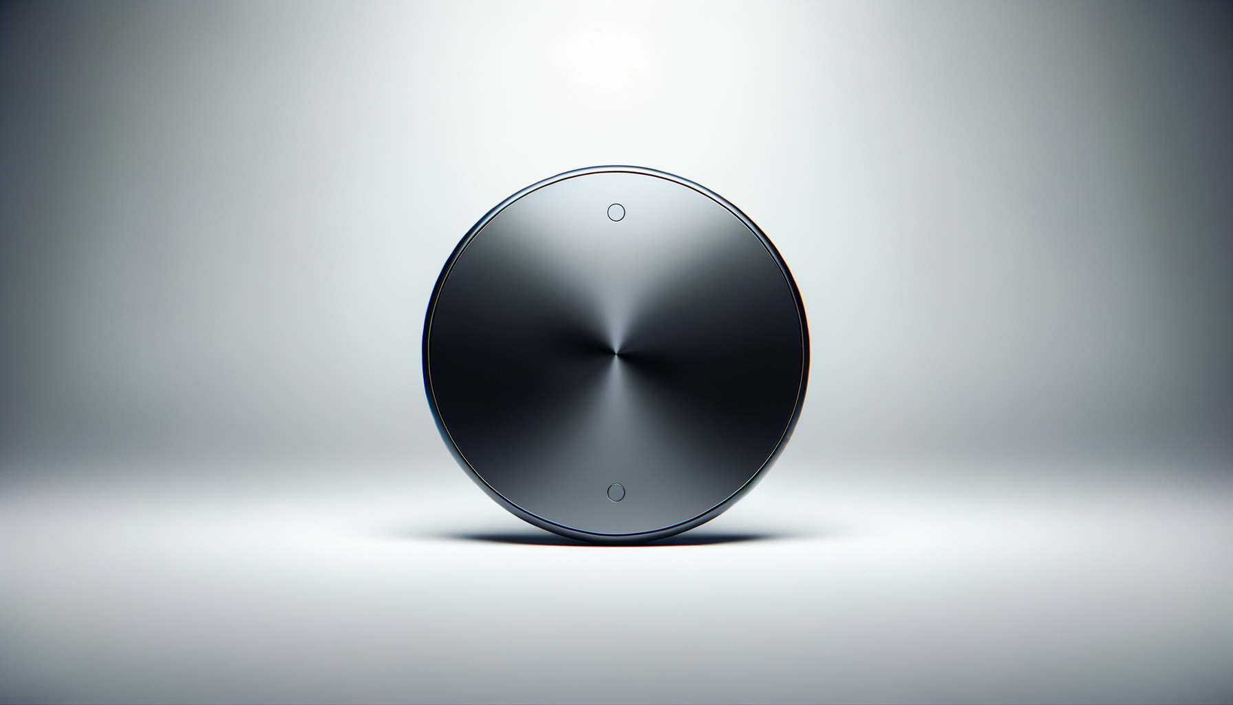 A sleek, circular black and silver electronic device with a minimalist design, placed on a reflective surface against a neutral background.